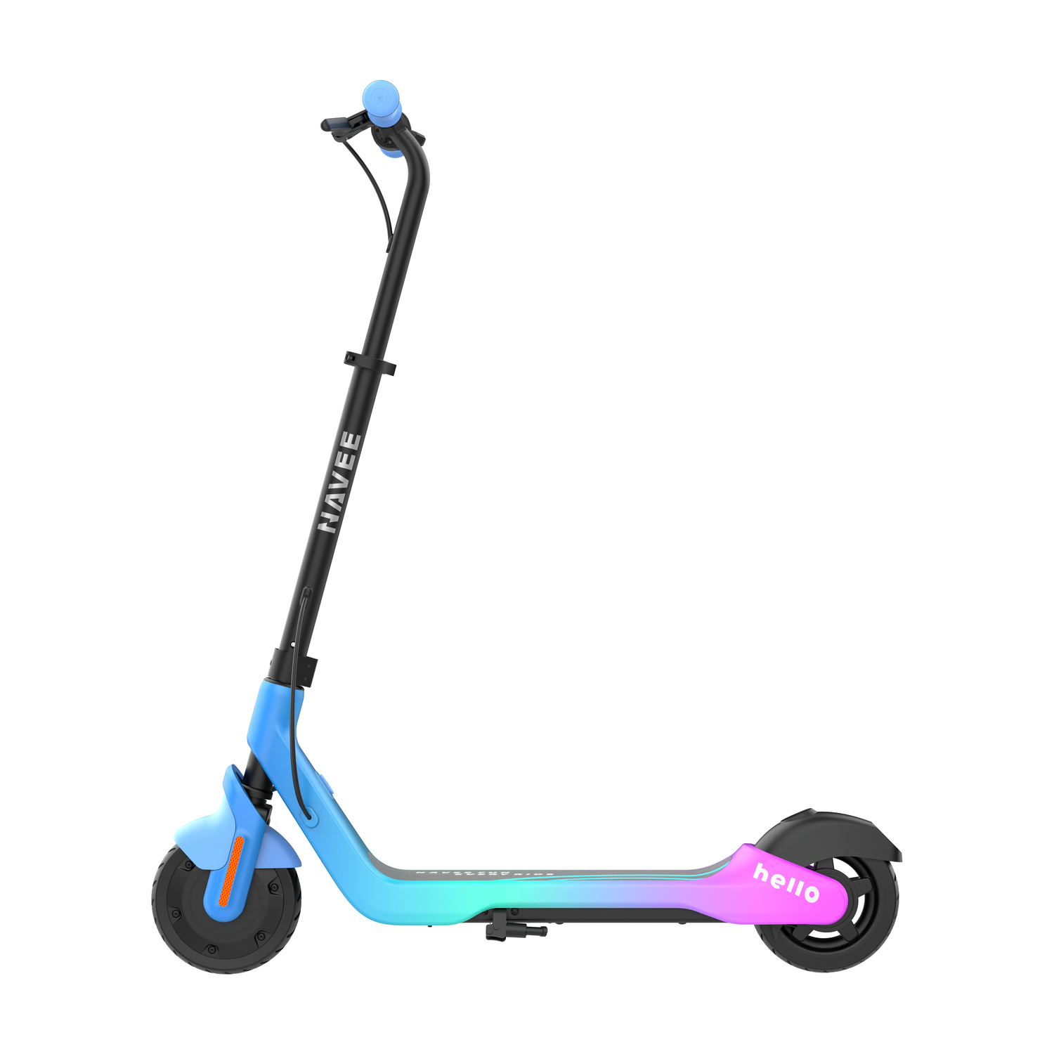 Un monopattino elettrico con telaio sfumato da blu a rosa, manubrio nero e marchi Navee e hello.