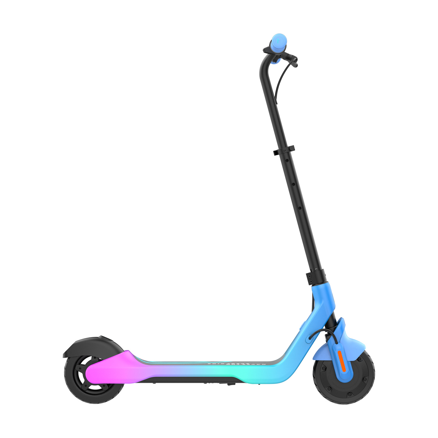 Un monopattino elettrico con telaio sfumato blu, ciano e rosa, manubrio e ruote nere su sfondo bianco.