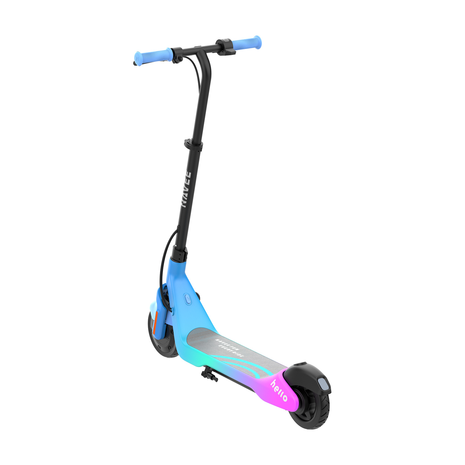 Un monopattino elettrico nero e blu con manubrio blu e accenti colorati su sfondo bianco.