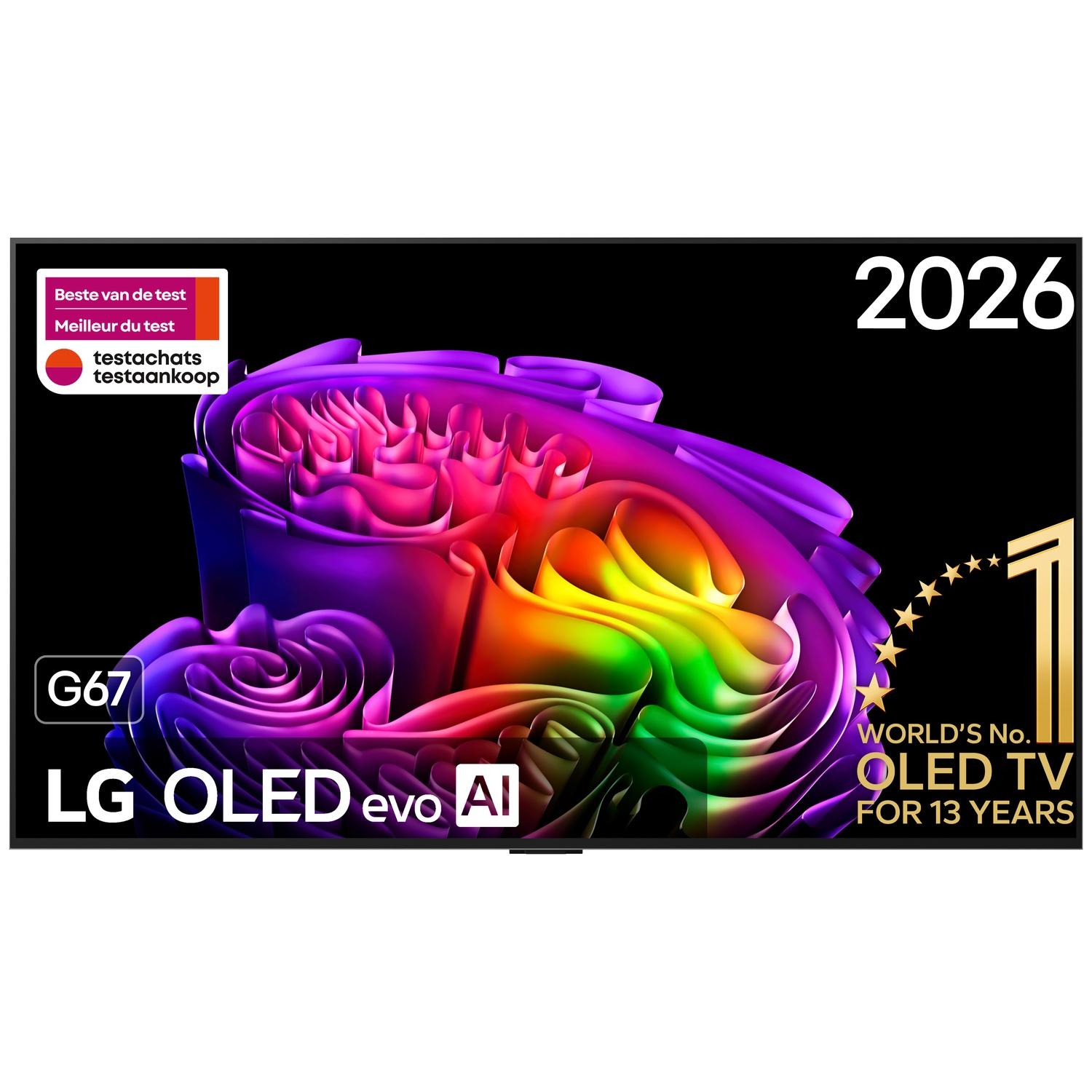 LG OLED evo TV with colorful abstract display and text including World's No. 1 for 13 years.