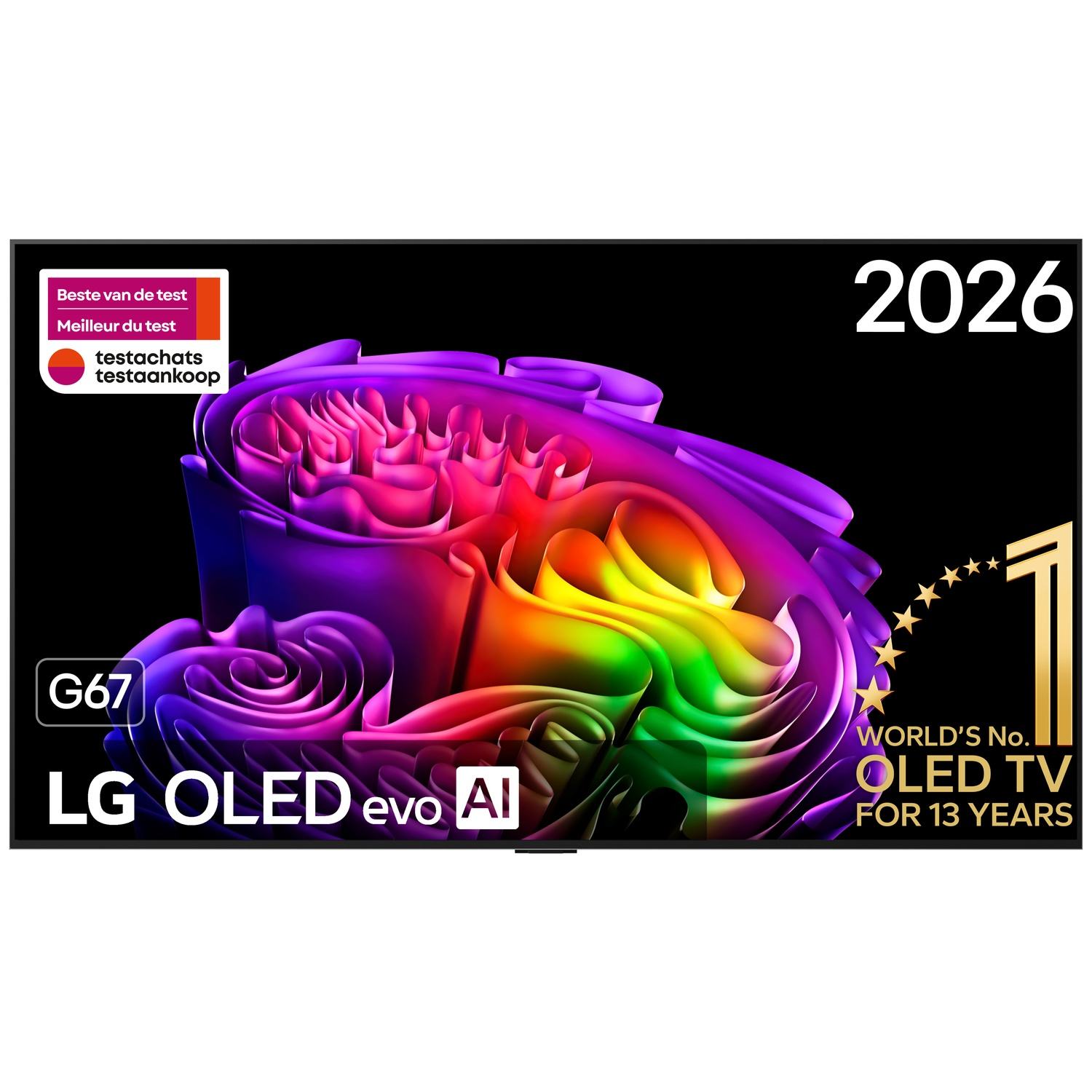 LG OLED evo AI television displaying vibrant colorful abstract graphics on screen.