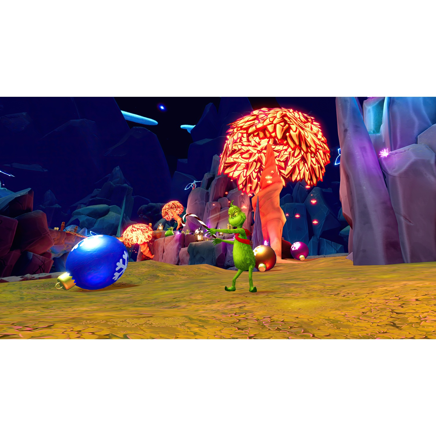 Green character holding a candy cane in a fantasy landscape with red trees and colorful Christmas ornaments.