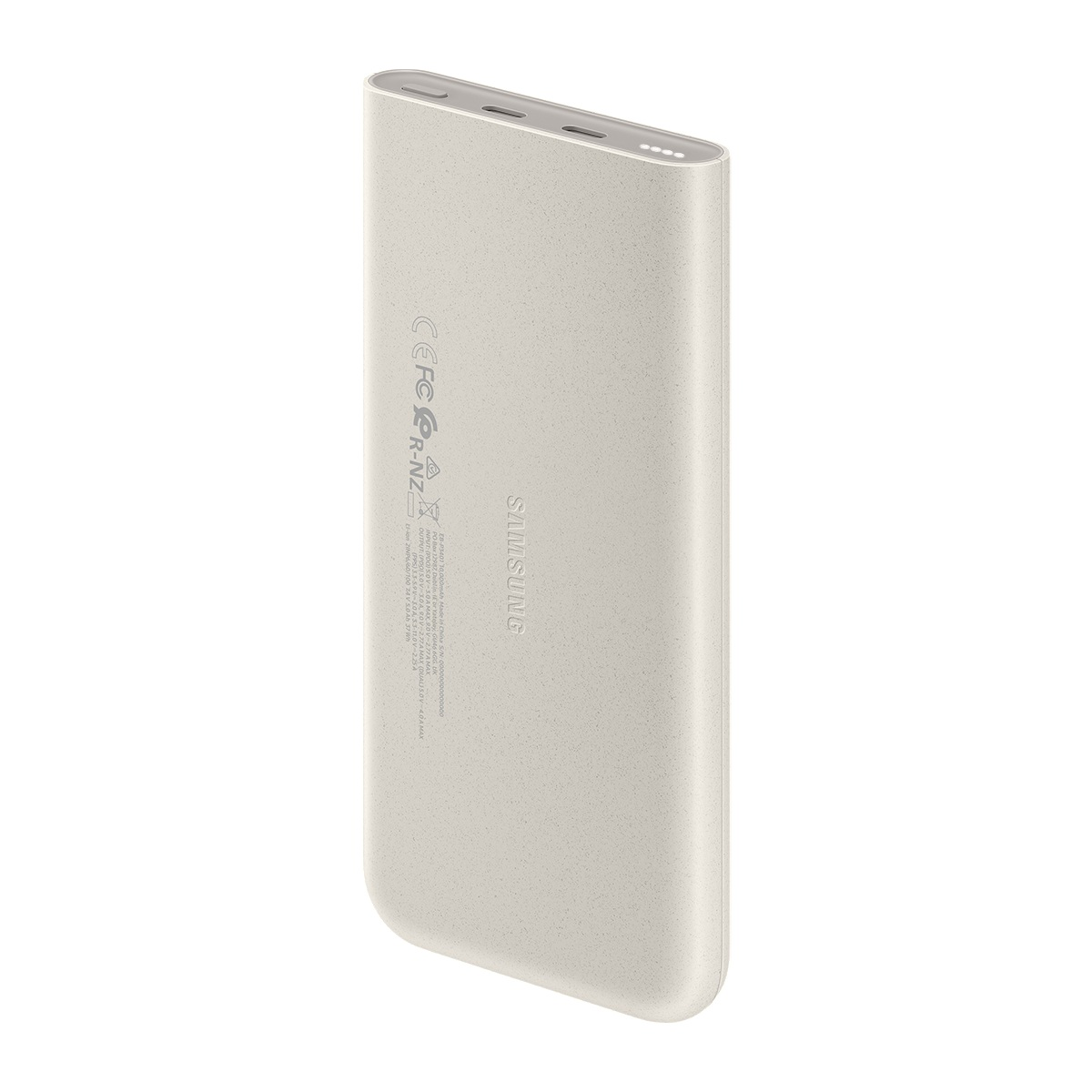 Üst kısmında iki adet USB-C bağlantı noktası ve ön yüzünde yazılı detaylar olan gri Samsung taşınabilir şarj cihazı.