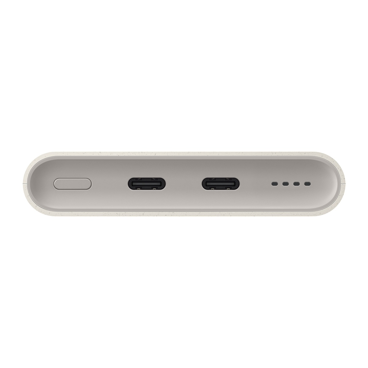 Güç düğmesi, iki USB-C bağlantı noktası ve dört LED gösterge lambası bulunan beyaz bir şarj cihazının alt görünümü.