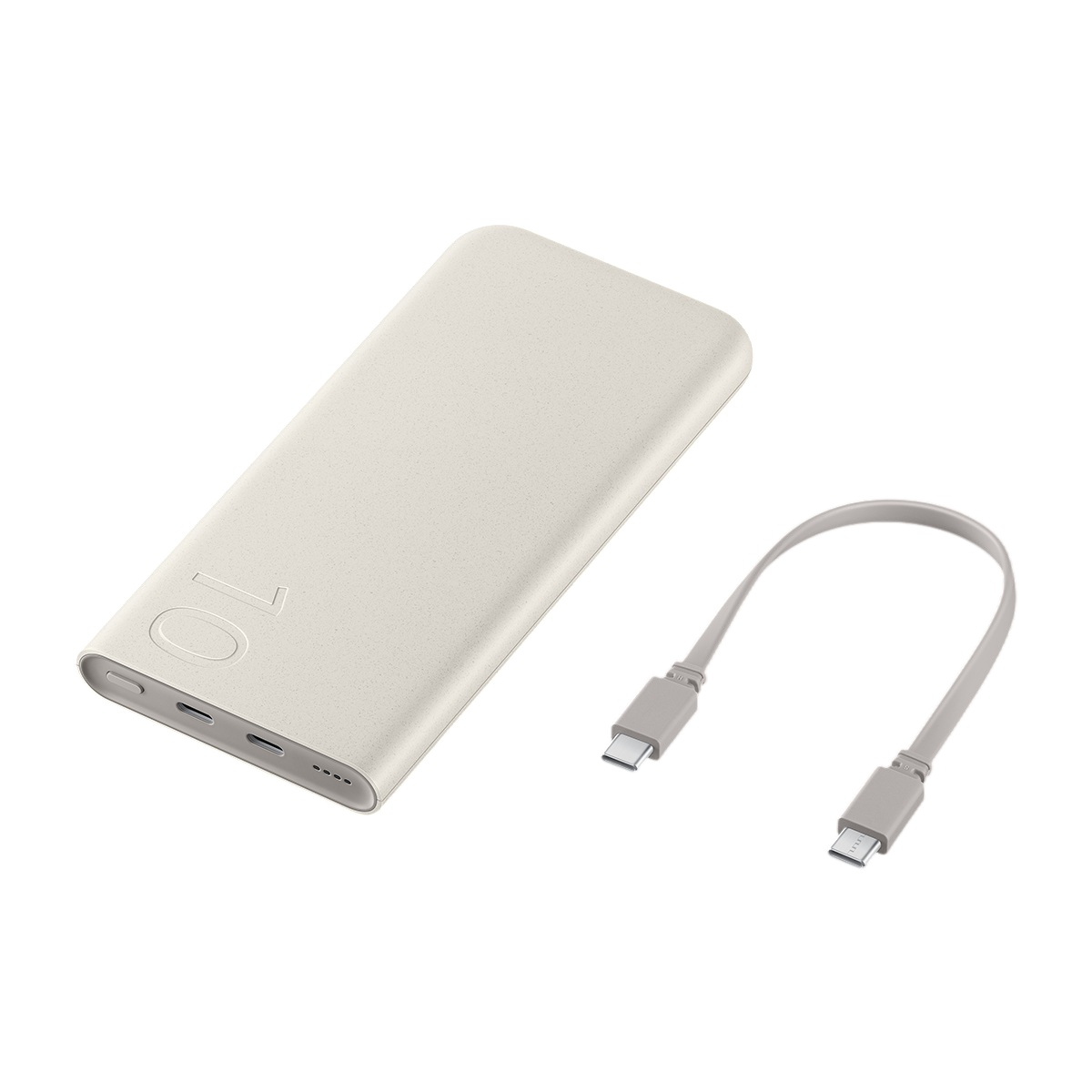 Beyaz arka planda 10 yazılı bej rengi bir taşınabilir şarj cihazı ve uyumlu bir USB-C kablosu.