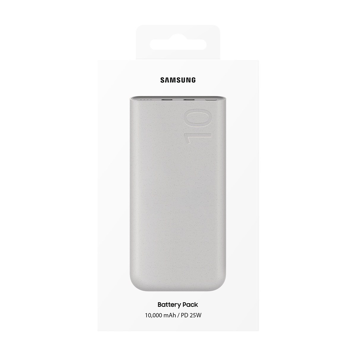 Kapalı beyaz orijinal ambalajı içinde bir Samsung taşınabilir şarj cihazı 10.000 mAh PD 25W.