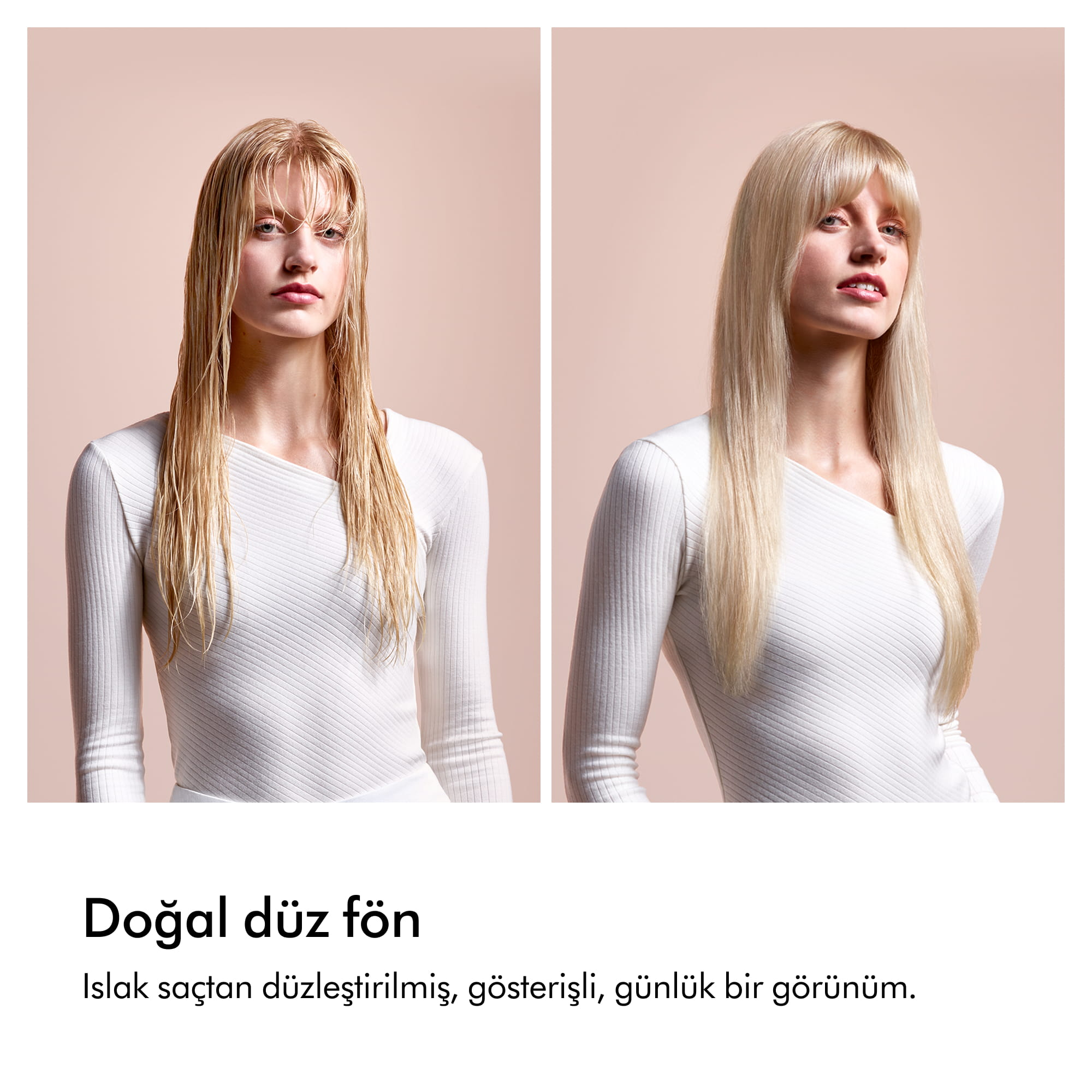 Islak saçın düz, kahküllü ve parlak sarı saçlara dönüşümünü gösteren kadın görseli.