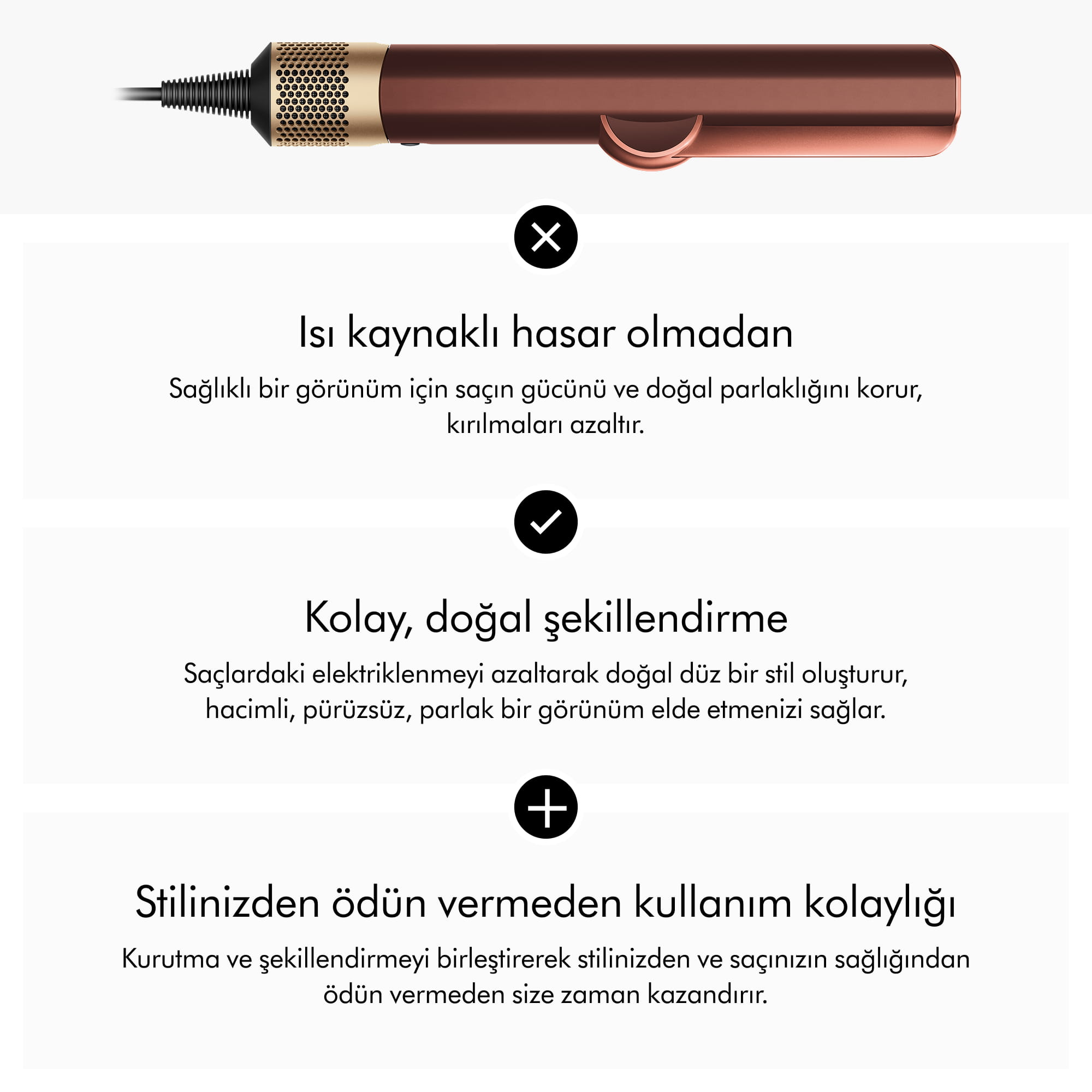 Üstte bakır rengi saç şekillendirici ve altında Türkçe yazılı üç bilgi kutusu.