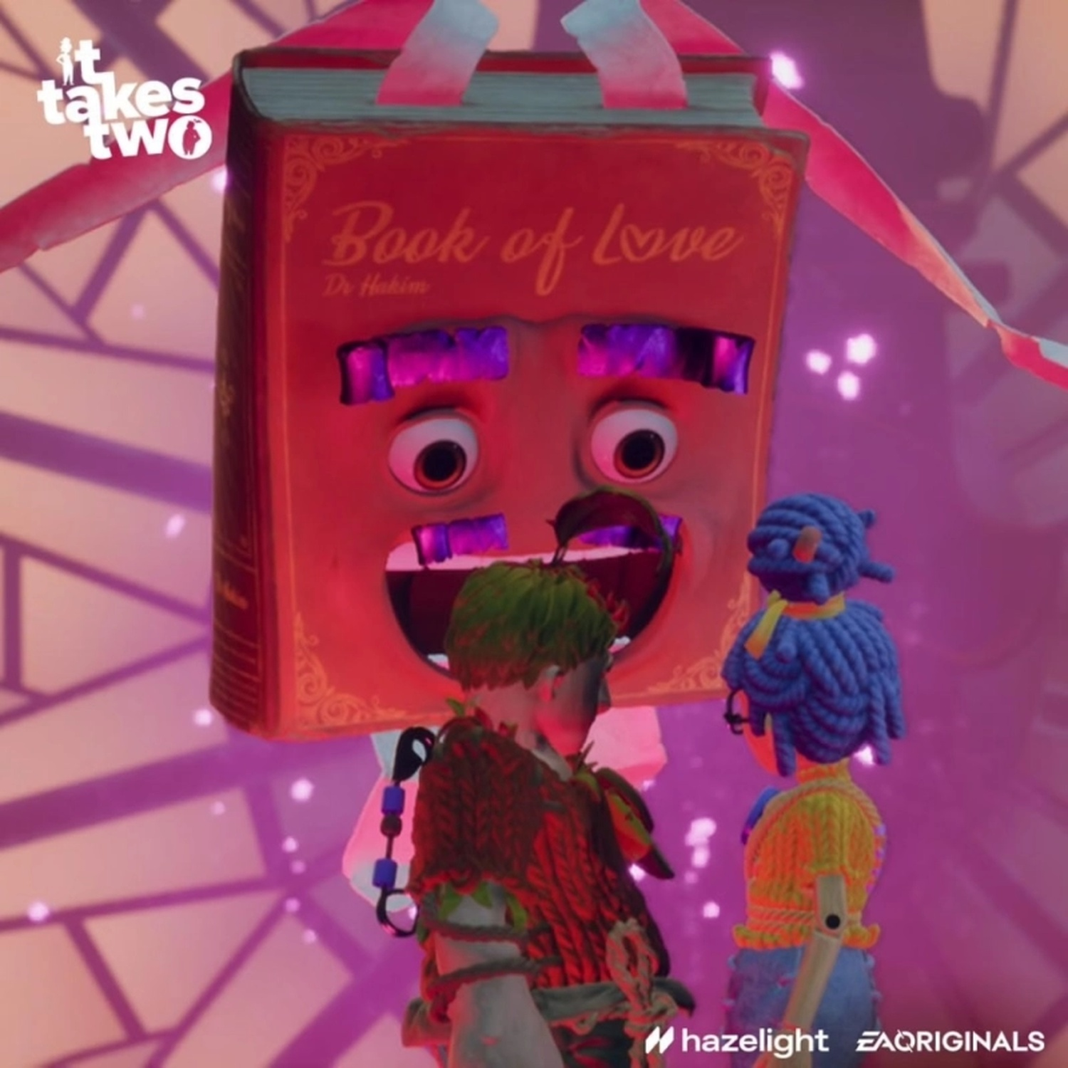 Two small figures stand facing a large, talking red book with facial features and eyes.