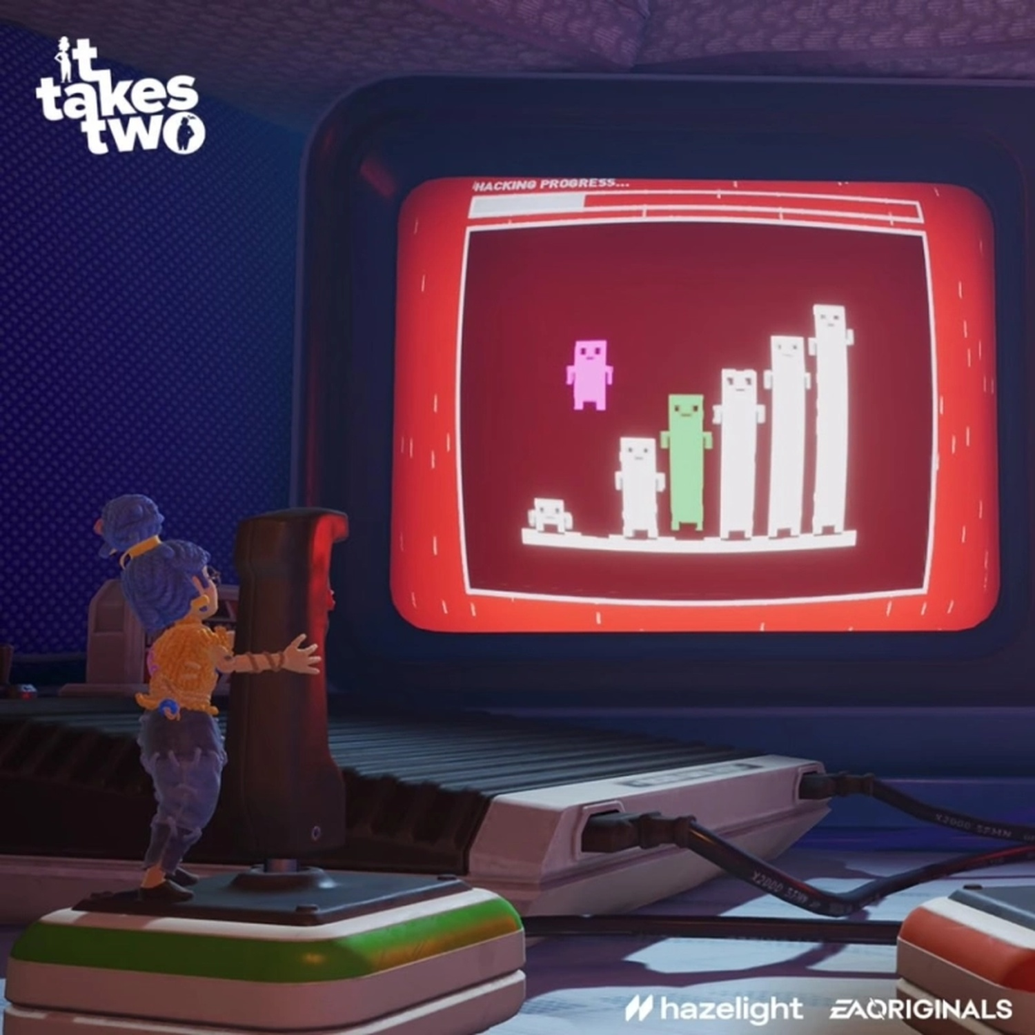 A small blue-haired character uses a joystick in front of a large red screen showing a retro pixel game.