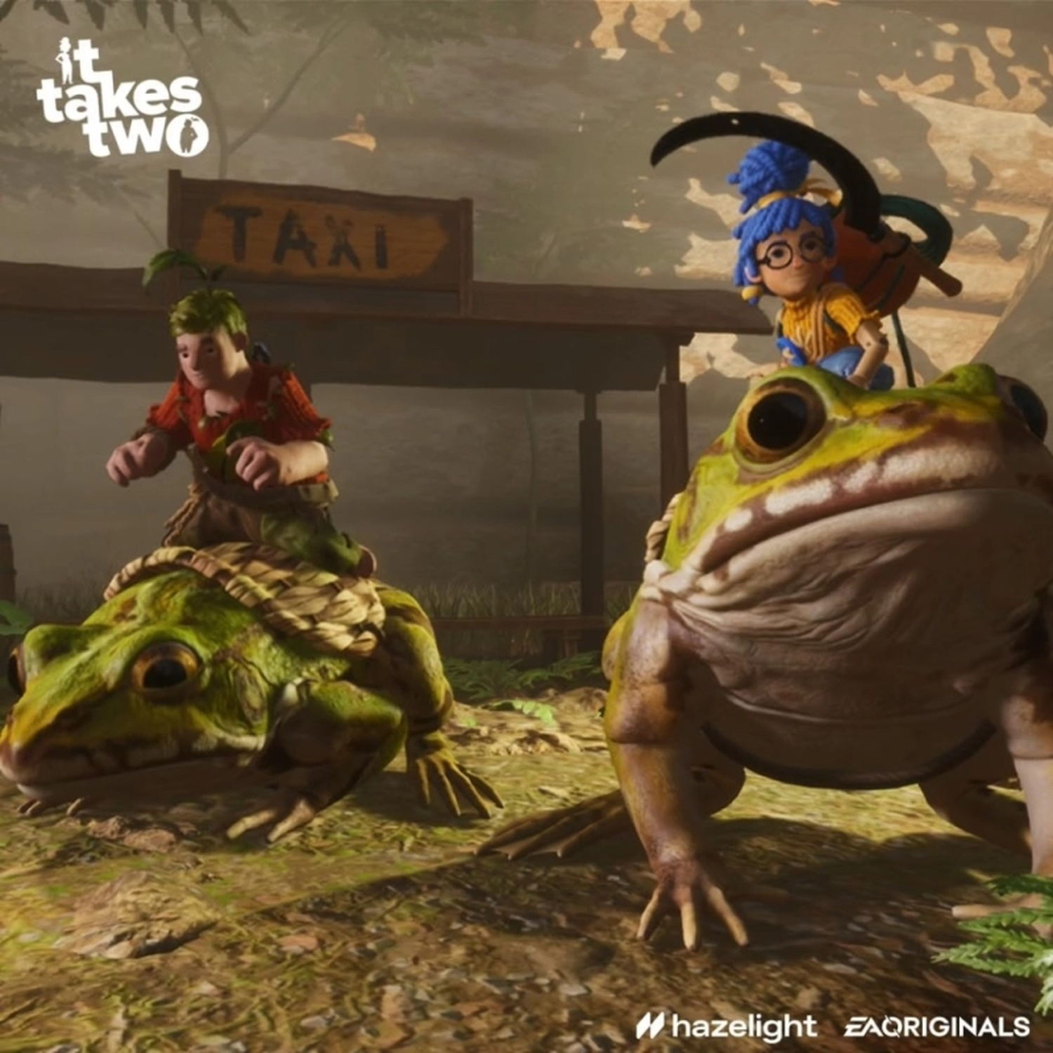 Two small characters ride large frogs in front of a taxi sign in a forest setting.