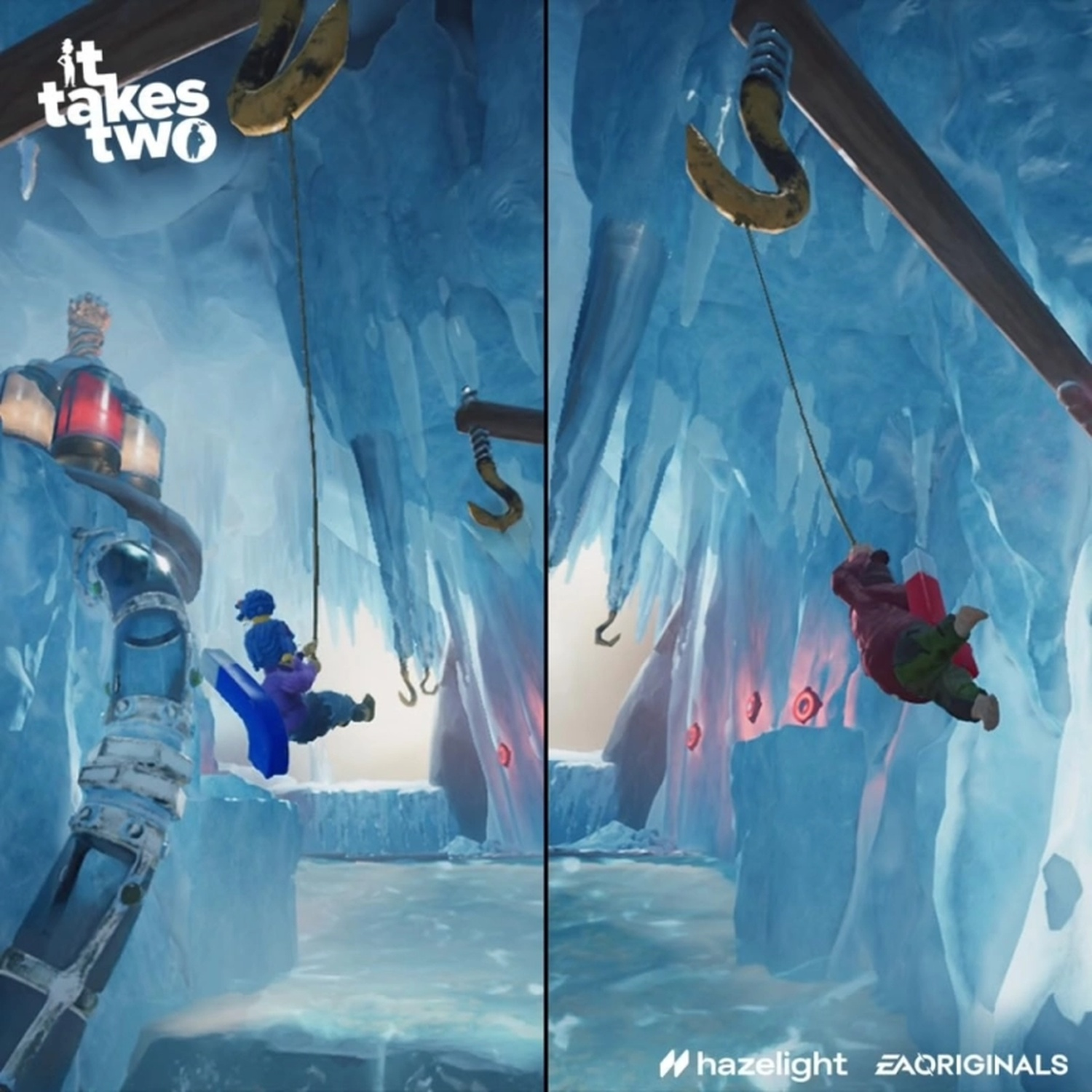Two small characters swing from hooks in an icy cave, split-screen view with a blue and red character.