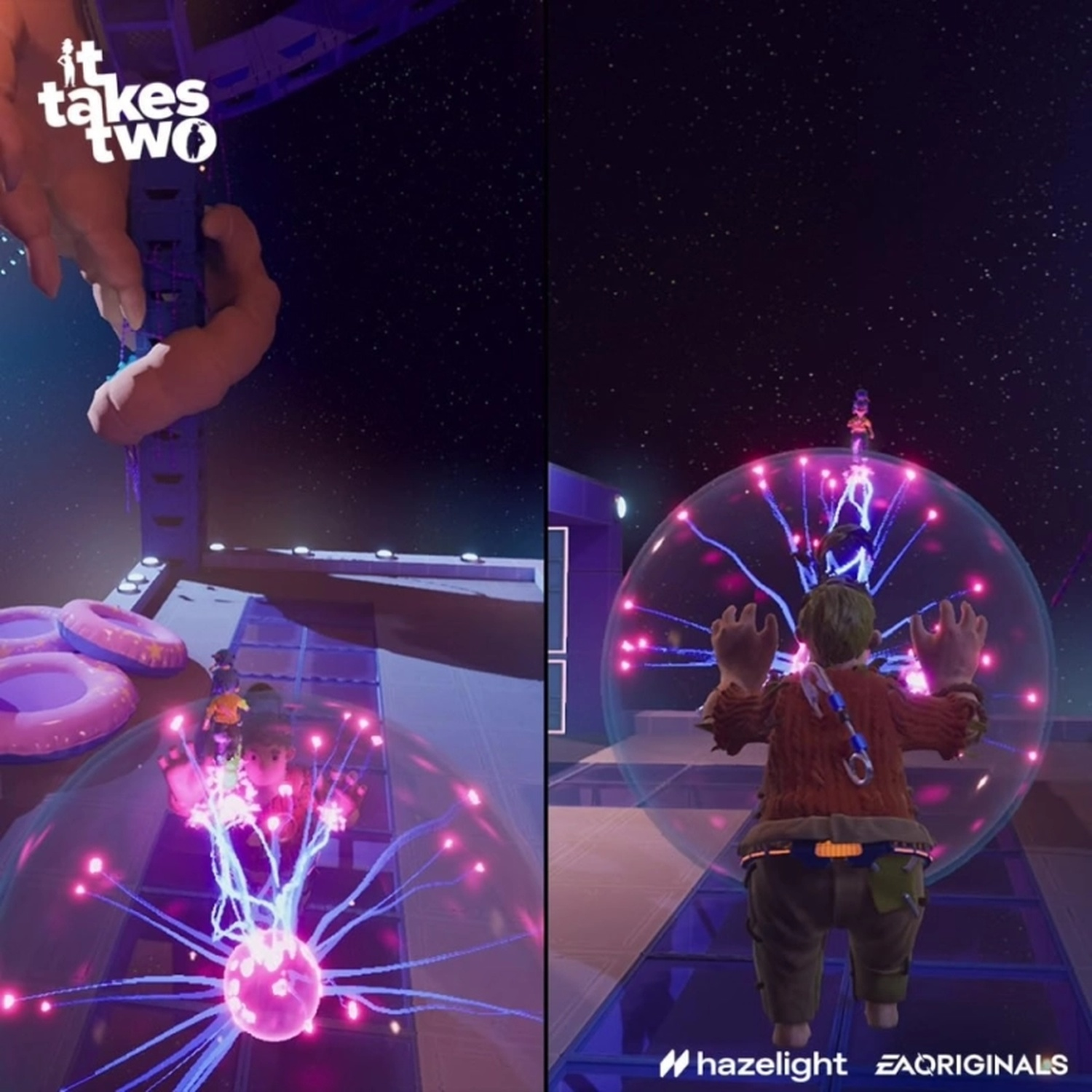 Split screen shows game characters with glowing energy orbs in a starry space environment.