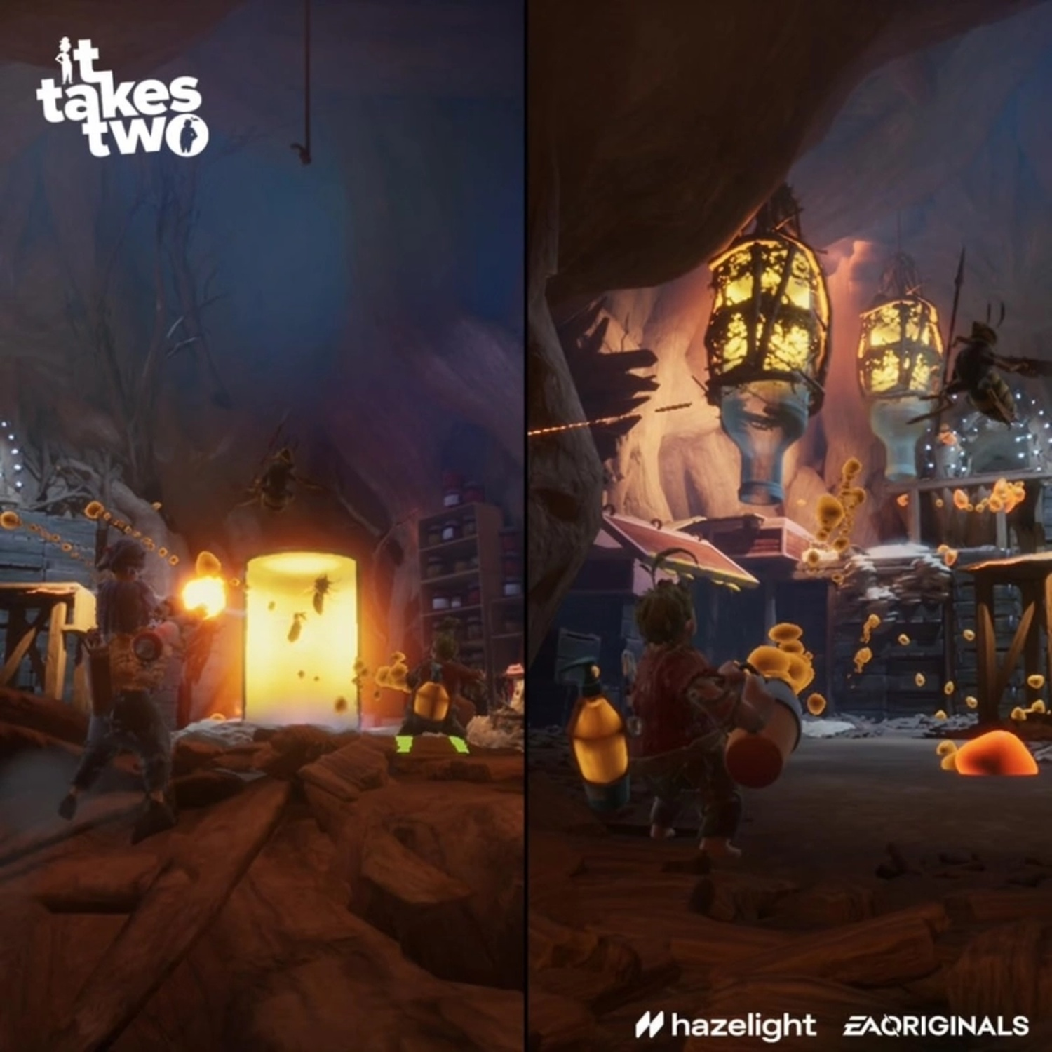Split screen view of It Takes Two gameplay, showing characters fighting bees inside a warm, glowing cave.