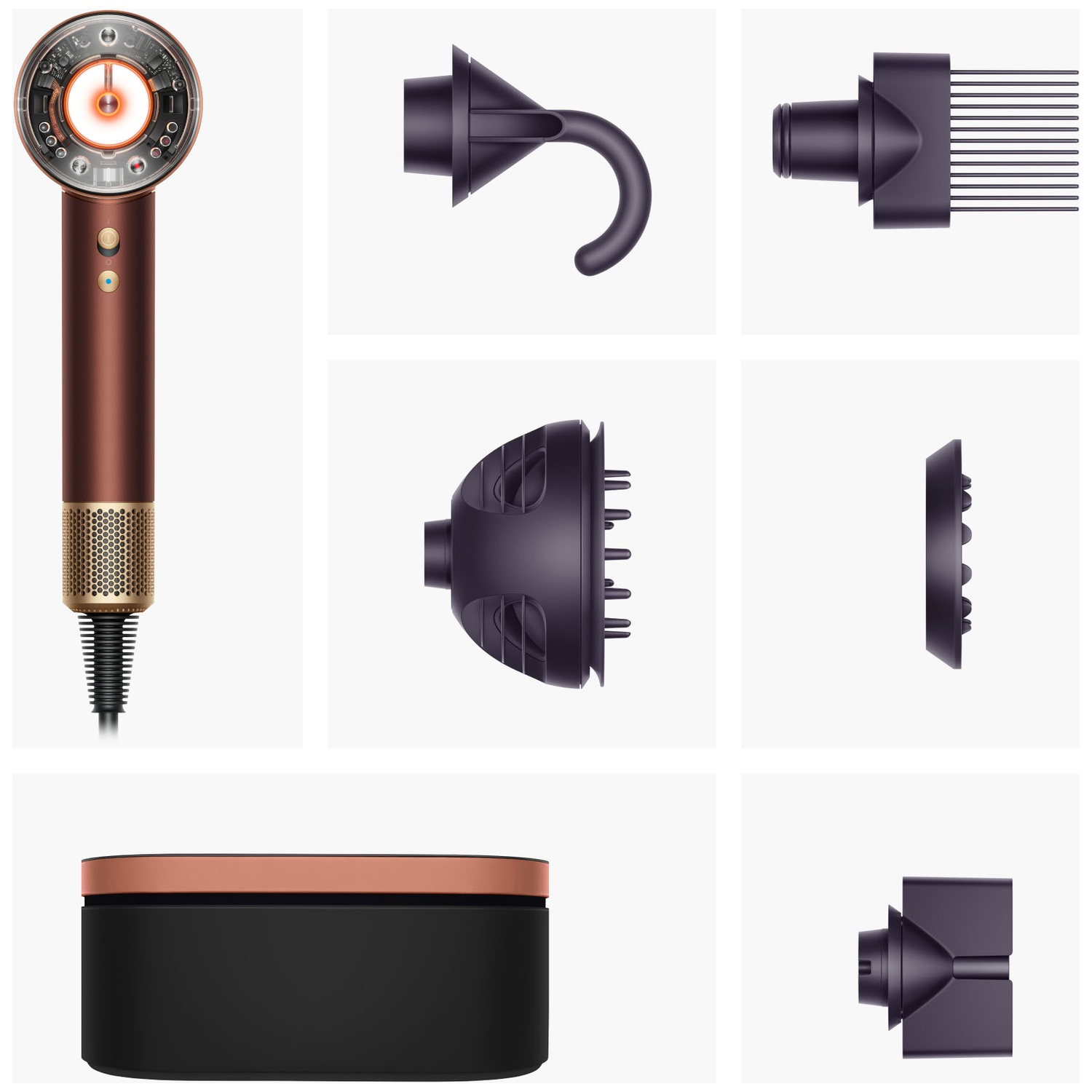Brown hair dryer with attachments and a black storage box on a light background.