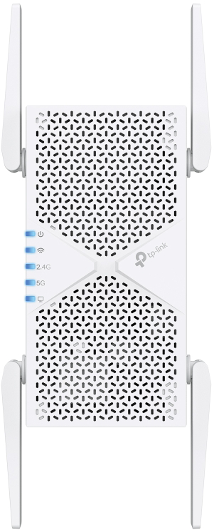 Egy fehér TP-Link Wi-Fi jelerősítő négy antennával és kék állapotjelző fényekkel az előlapon.