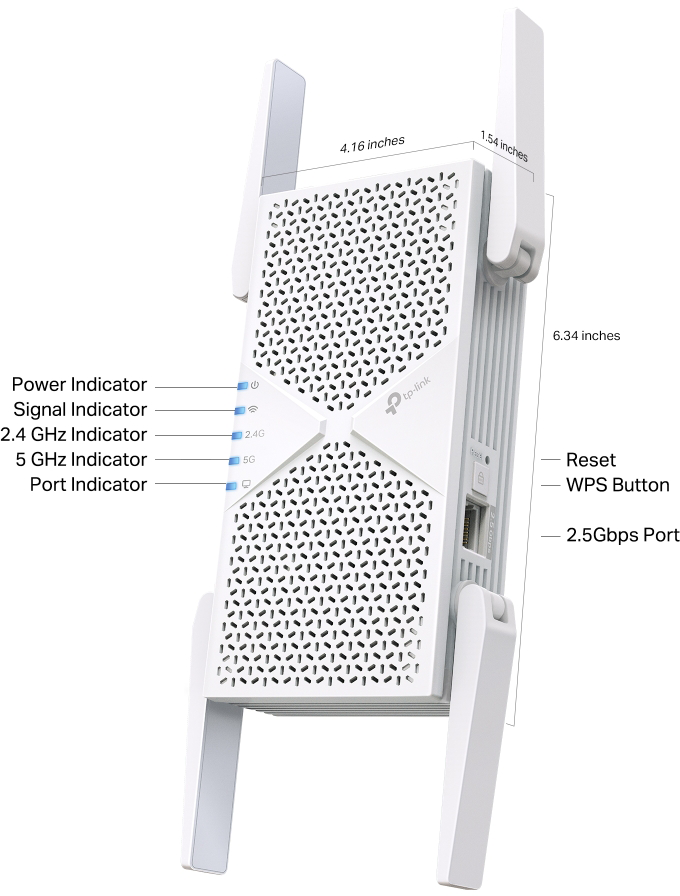 Fehér TP-Link Wi-Fi jelerősítő négy antennával és felcímkézett jelzőfényekkel.