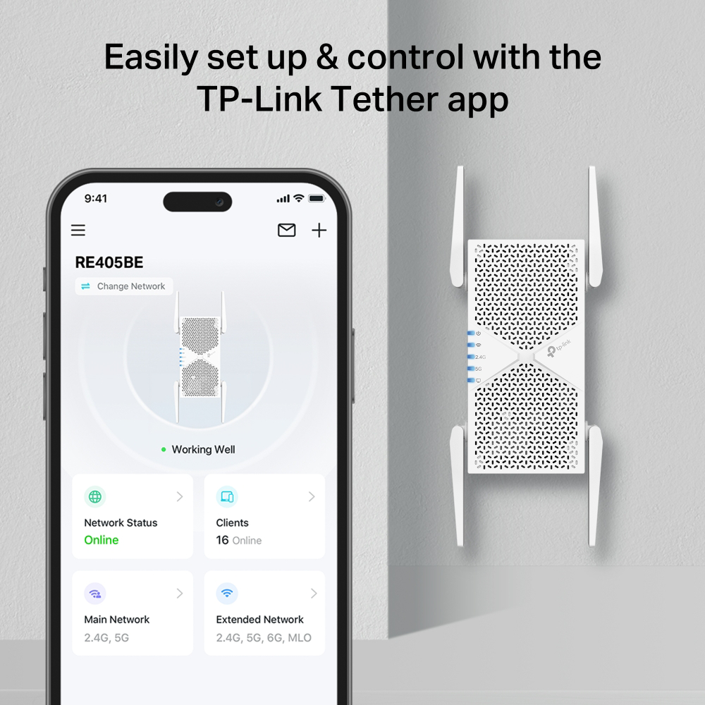 Egy okostelefon a TP-Link Tether appal egy Wi-Fi jelerősítő mellett.