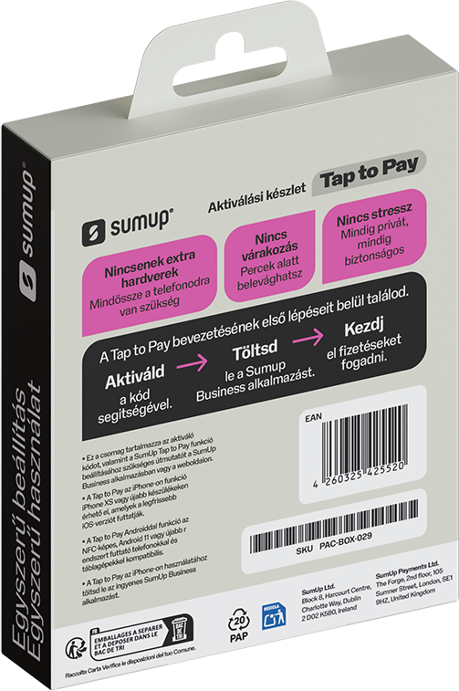 Egy szürke SumUp Tap to Pay termékdoboz hátoldala magyar szöveggel, vonalkódokkal és rózsaszín szövegdobozokkal.