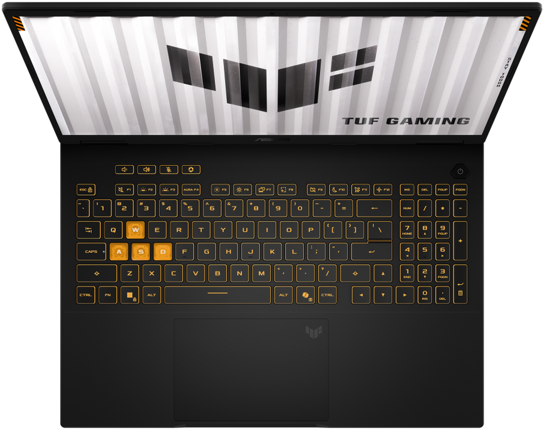 Un ordinateur portable Asus TUF Gaming noir avec un clavier rétroéclairé orange et un écran distinctif.