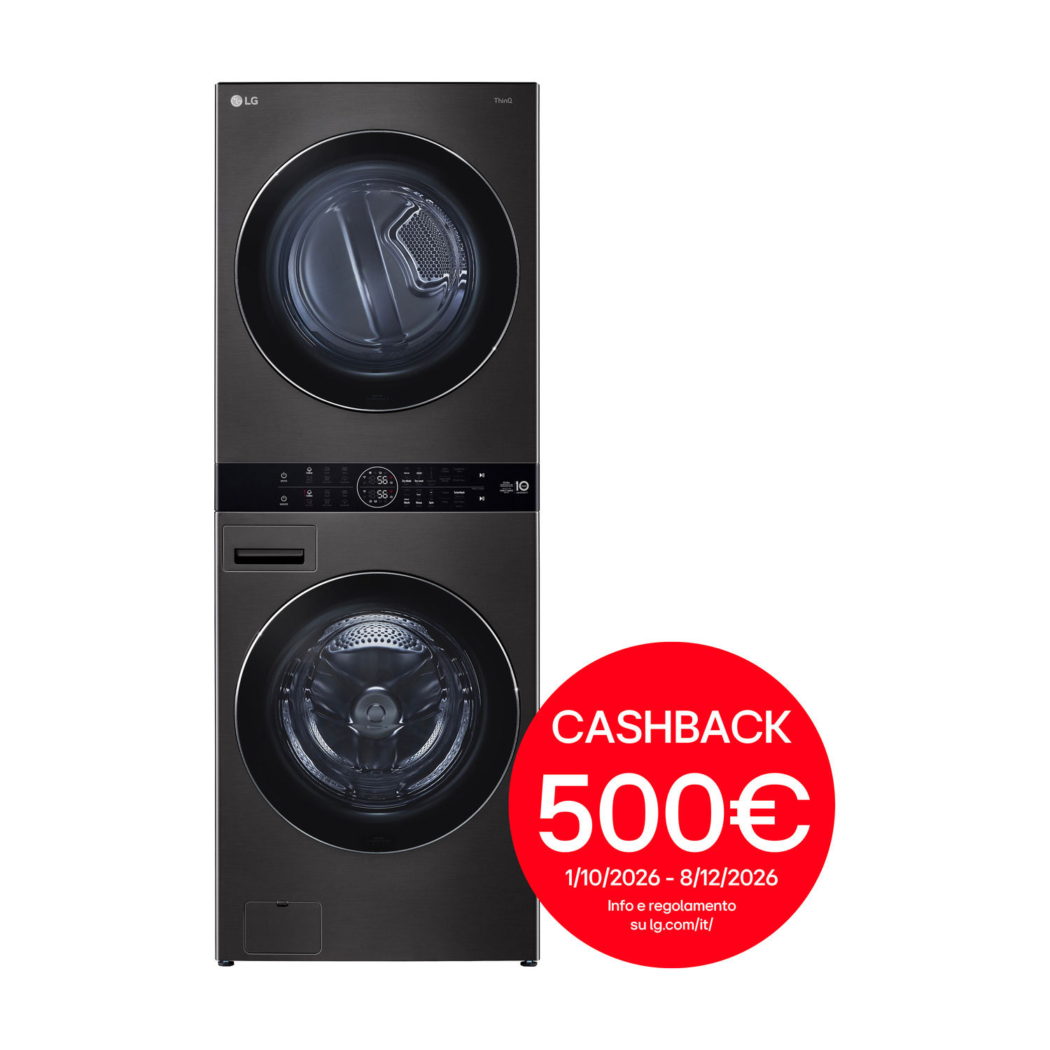 Lavasciuga a torre nera LG con adesivo rosso di rimborso di 500 euro.