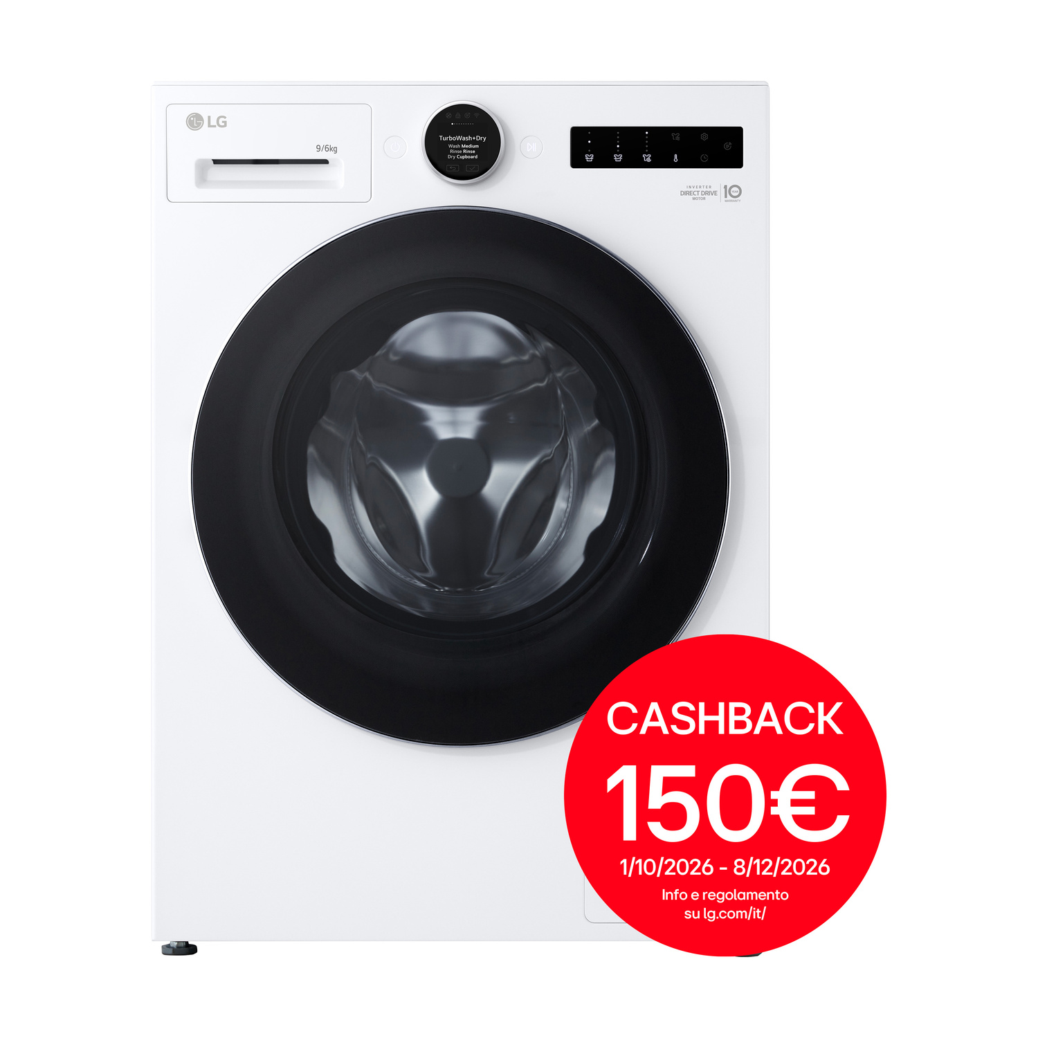 LG WHX9096TLC LAVASCIUGA, Caricamento frontale, capacità lavaggio 9 kg, capacità asciugatura 6 kg, Profondità 565 cm, Giri 1400 rpm, White, Classe A