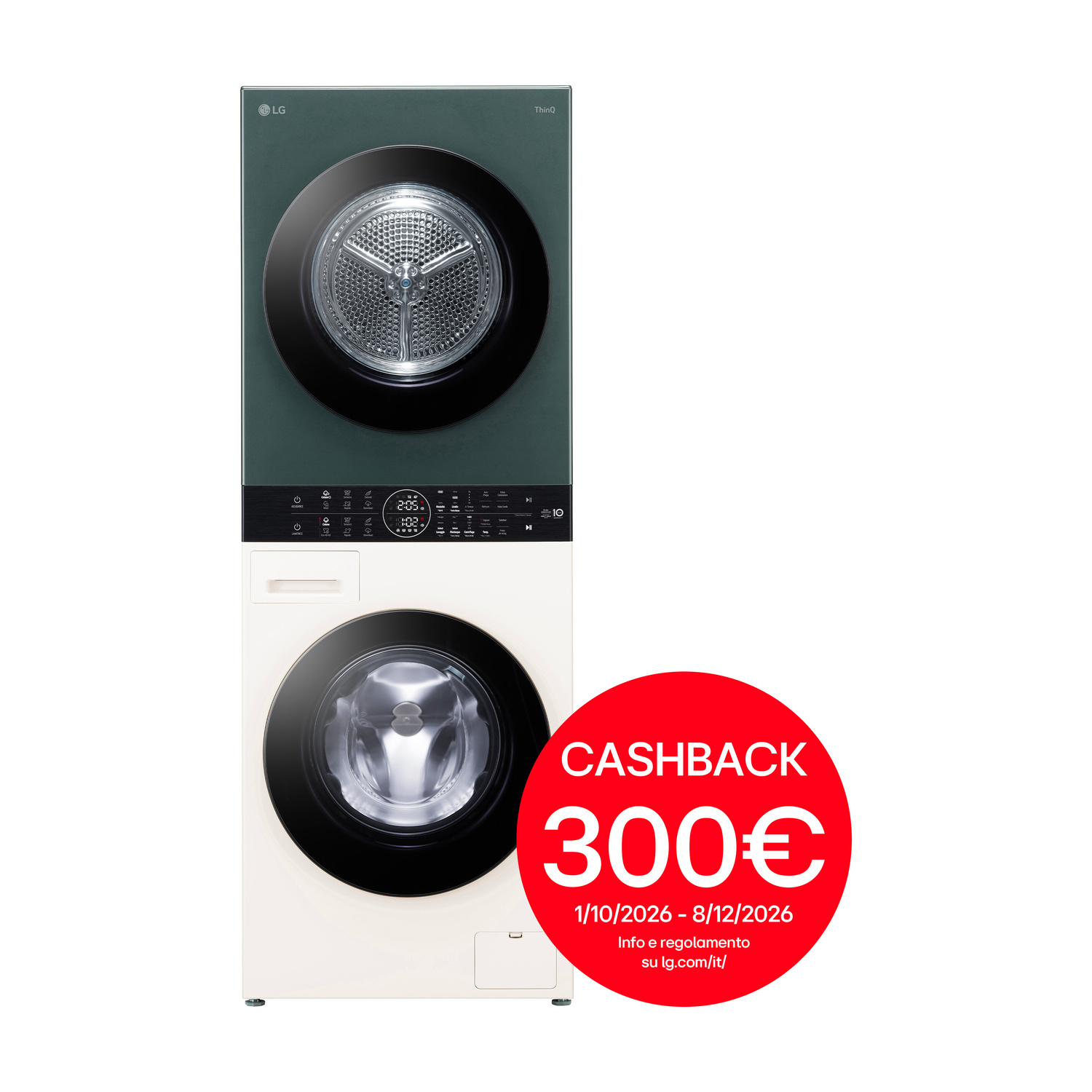 LG WashTower WT1210EGF LAVASCIUGA, Caricamento frontale, capacità lavaggio 12 kg, capacità asciugatura 10 kg, 10 programmi, Profondità 66 cm, Giri 1400 rpm, Beige Green, Classe A