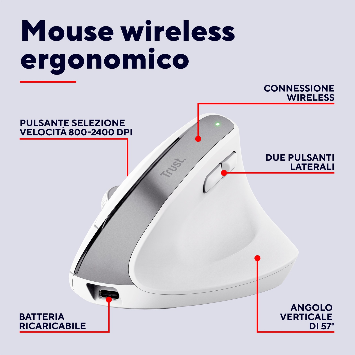 MOUSE WIRELESS TRUST BAYO+ ERG WRLS MOUSE, Collegamento Wireless, Ingresso: Otticamente a diodi laser, Scrolling a 2 direzioni, Risoluzione max 2400 dpi, forma ergonomica, White