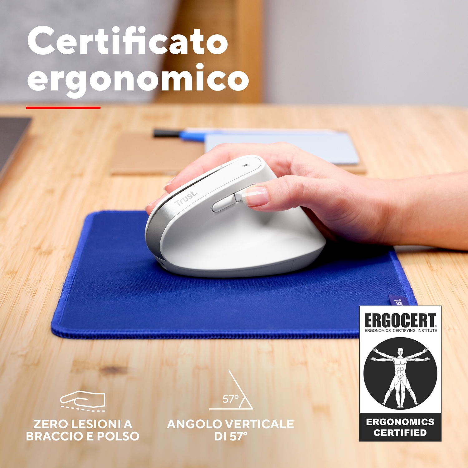 MOUSE WIRELESS TRUST BAYO+ ERG WRLS MOUSE, Collegamento Wireless, Ingresso: Otticamente a diodi laser, Scrolling a 2 direzioni, Risoluzione max 2400 dpi, forma ergonomica, White