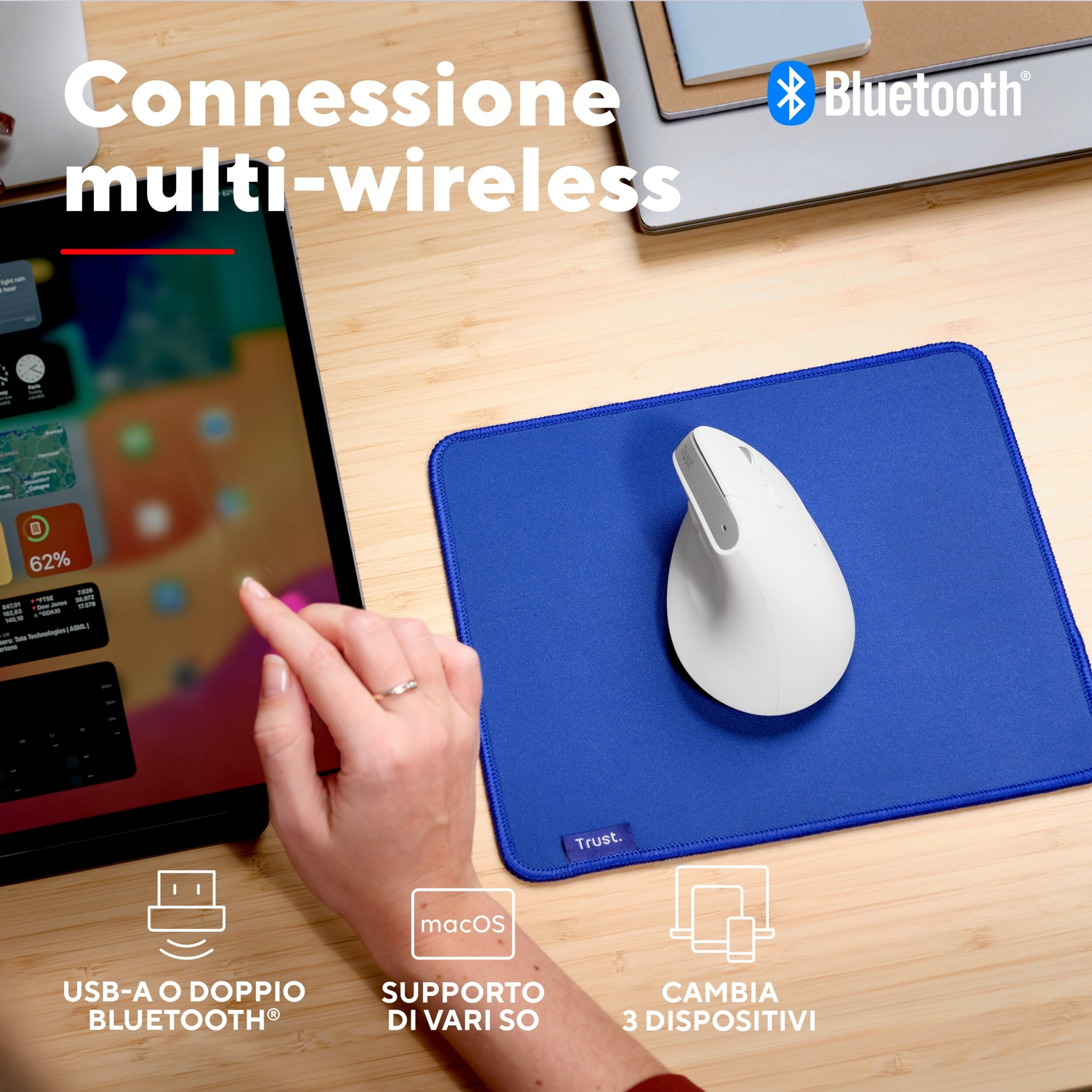 MOUSE WIRELESS TRUST BAYO+ ERG WRLS MOUSE, Collegamento Wireless, Ingresso: Otticamente a diodi laser, Scrolling a 2 direzioni, Risoluzione max 2400 dpi, forma ergonomica, White