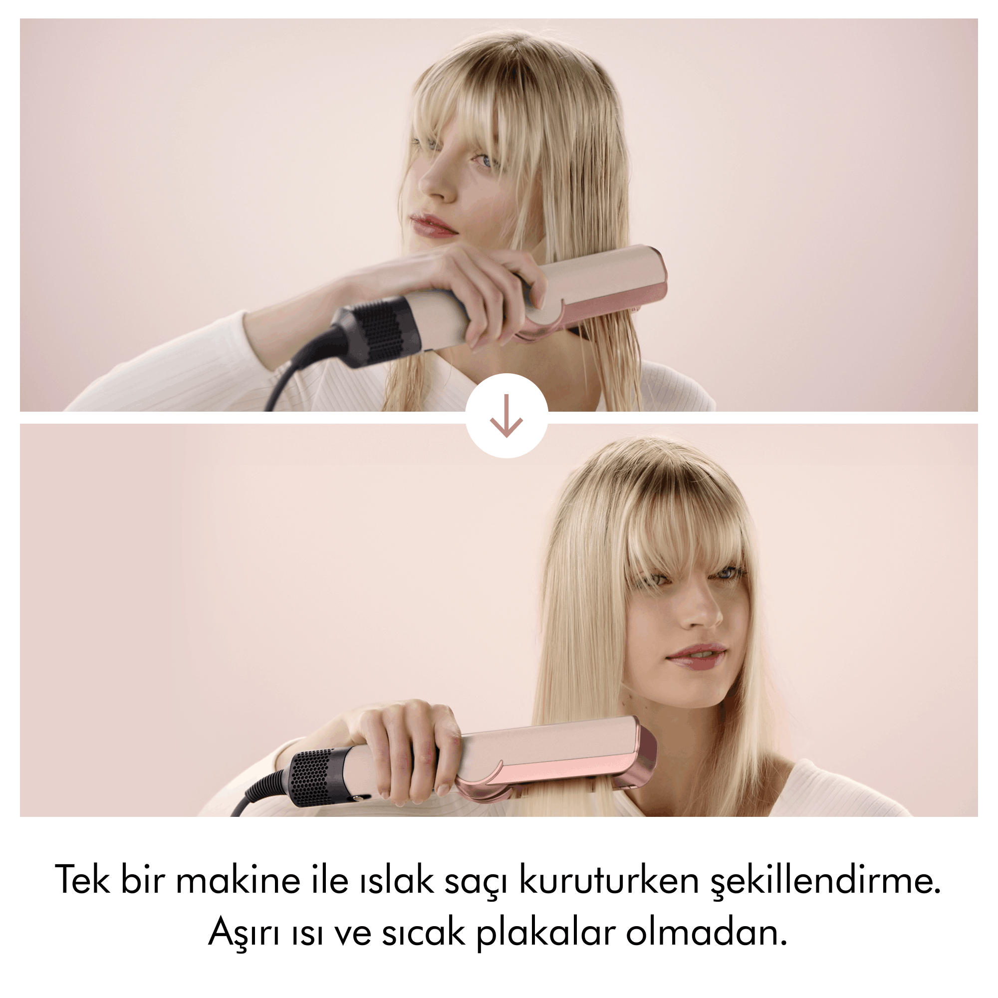 Sarışın bir kadın pembe ve siyah renkli modern bir cihazla ıslak ve kuru saçını şekillendiriyor.