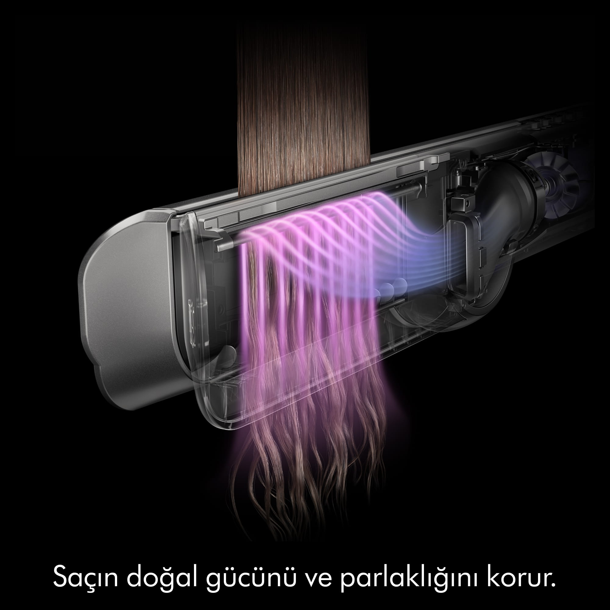 Kahverengi saçtan geçen mor ışık ışınlarını gösteren bir saç şekillendirme cihazının kesit görünümü.