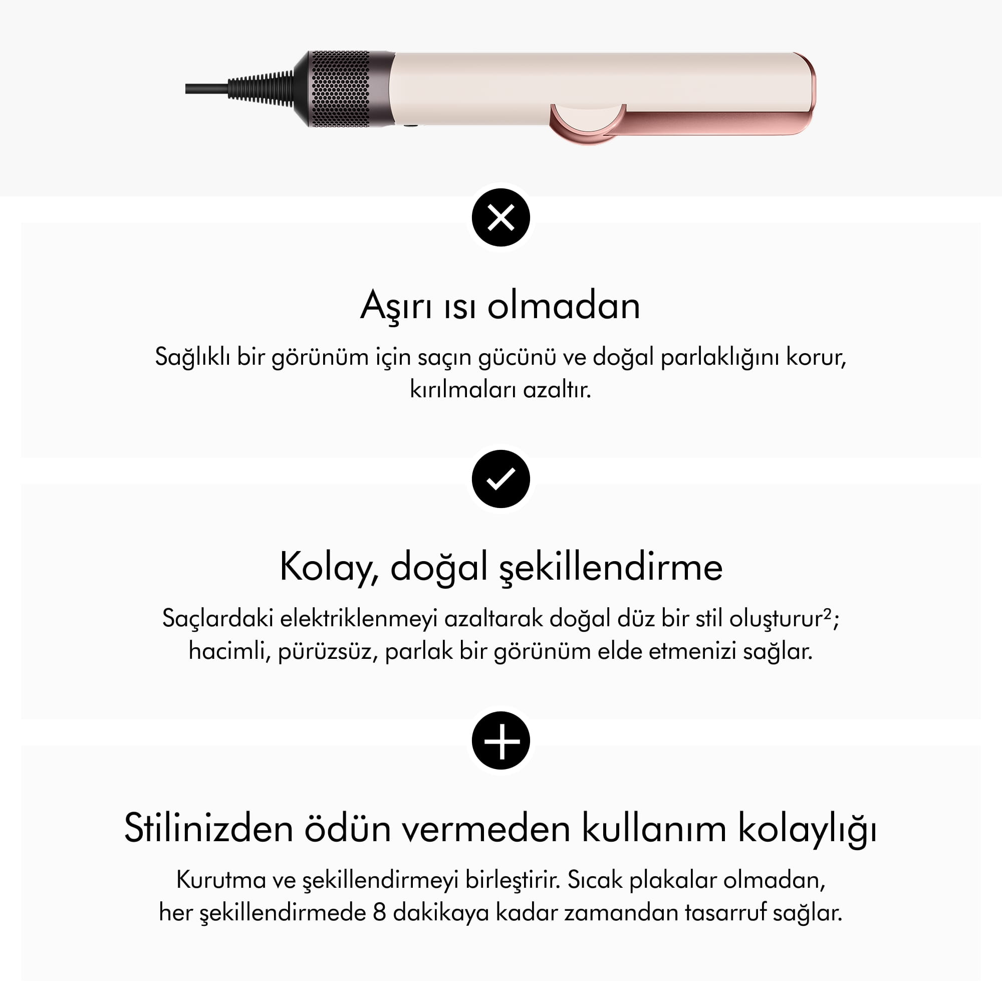 Üstte bej renkli saç şekillendirici ve beyaz arka planda simgeler içeren üç metin bölümü.