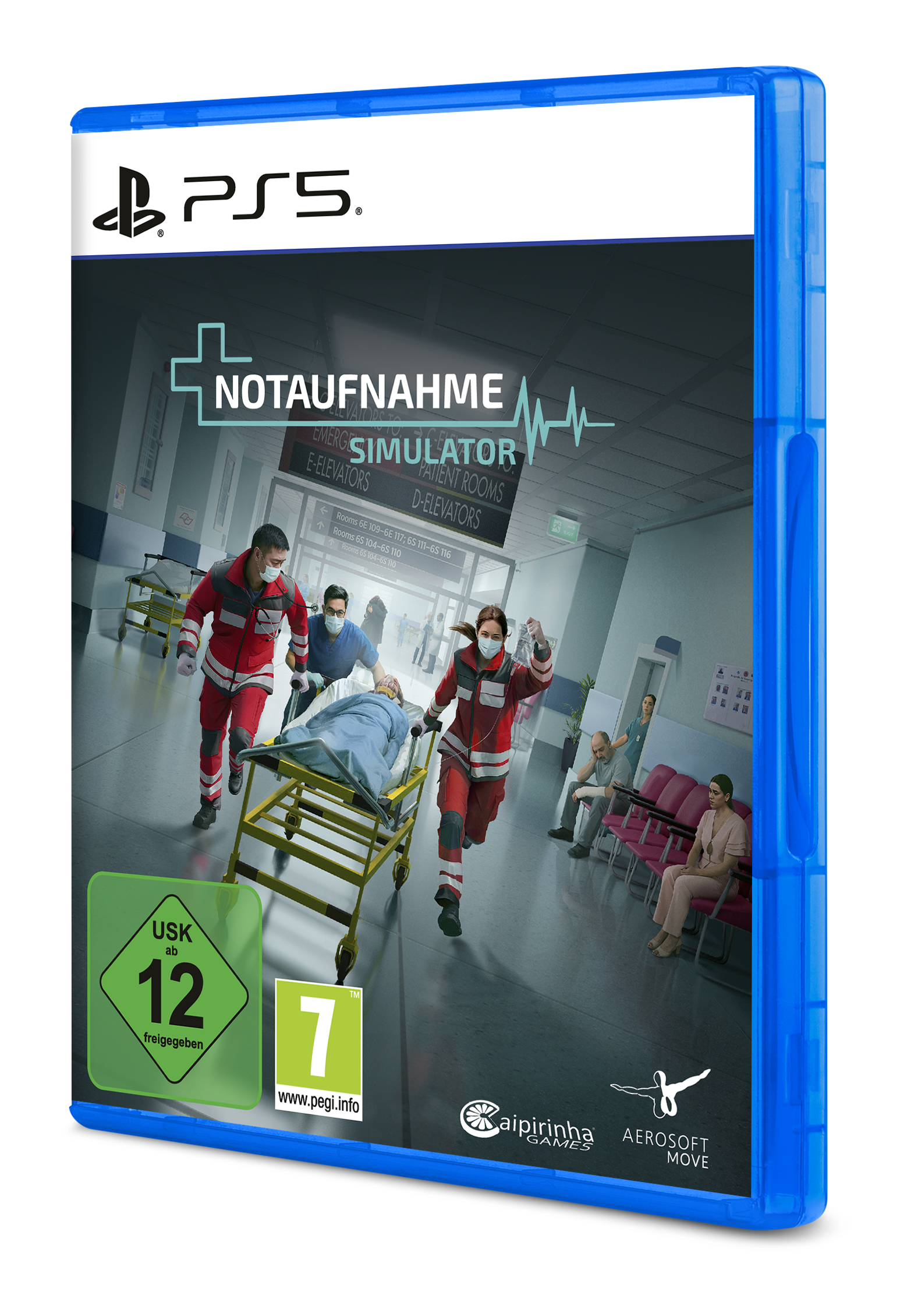 PS5-Spiel Notaufnahme Simulator mit Sanitätern, die eilig einen Patienten auf einer Trage schieben.