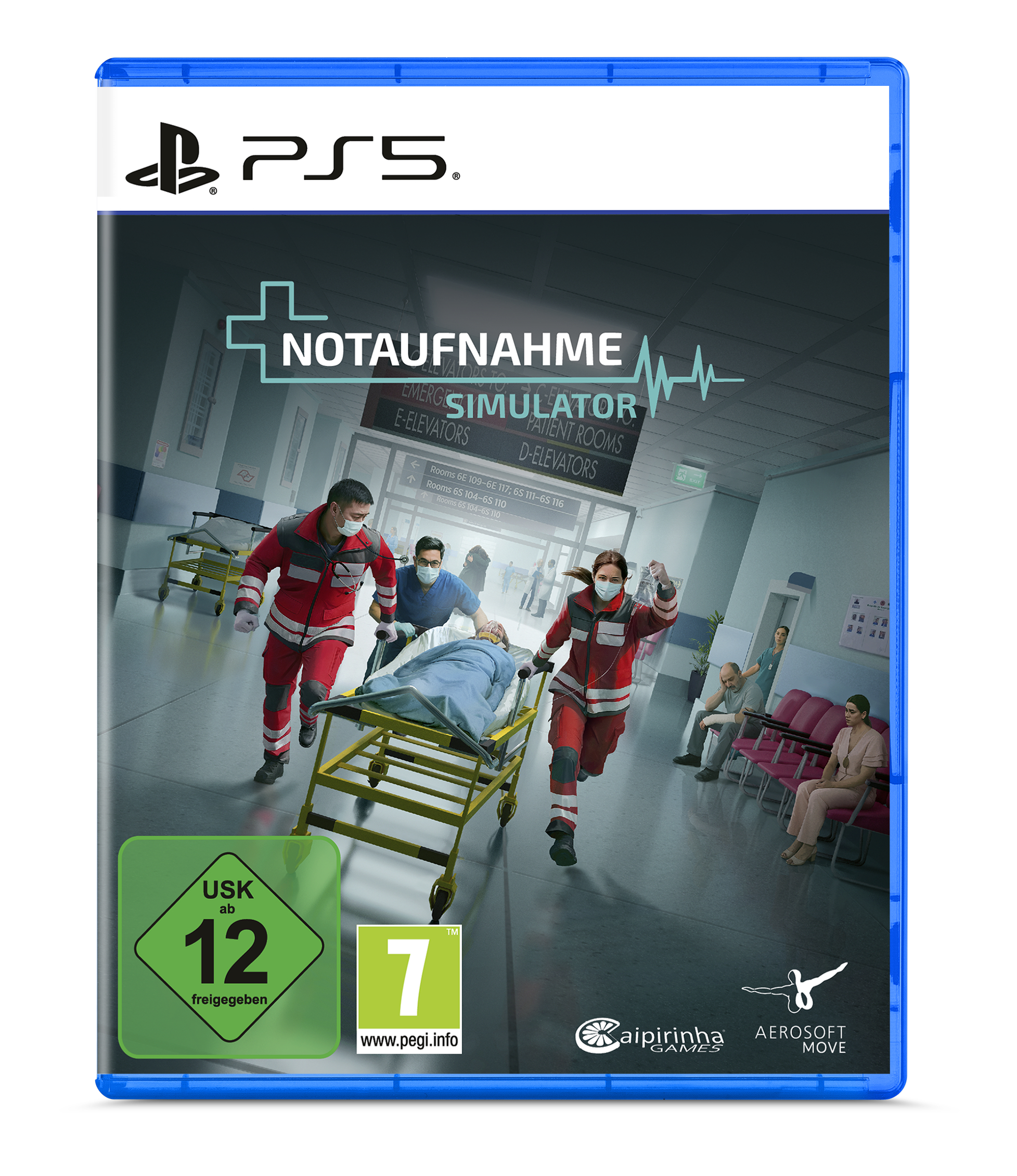PS5-Spiel Notaufnahme Simulator mitmedizinischem Personal, das einen Patienten auf einer Trage eilig durch den Flur transportiert.