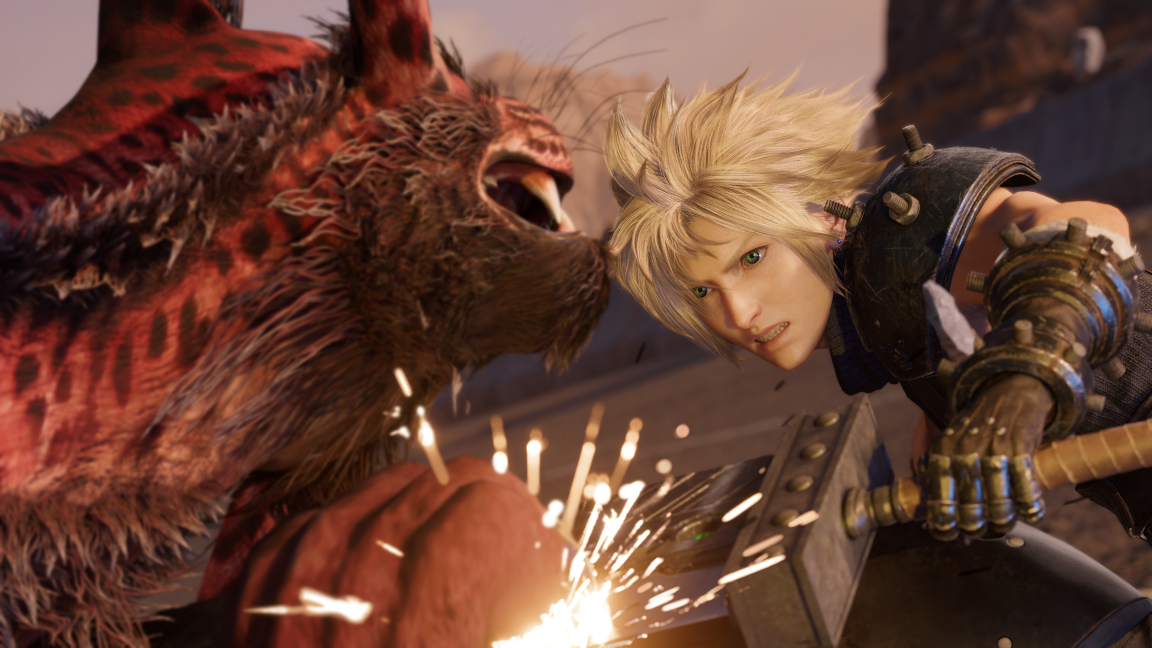 Cloud Strife mit stachligem blondem Haar kämpft gegen eine rote Katzenbestie und schwingt ein großes Schwert.