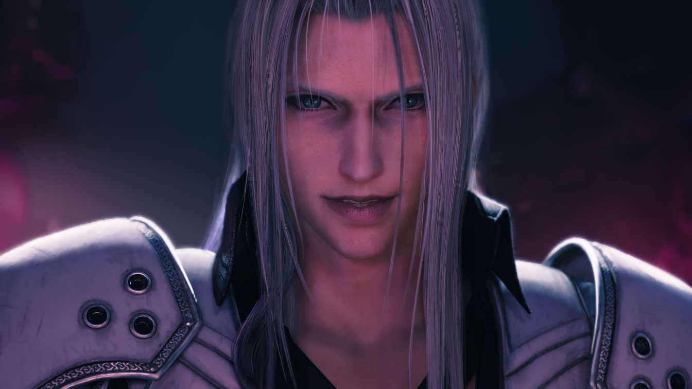 Porträt von Sephiroth mit langen silbernen Haaren und weißer Rüstung vor dunklem Hintergrund.