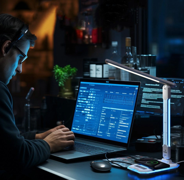 Mężczyzna pracuje w nocy przy laptopie w niebieskim świetle, obok nowoczesnej lampki biurowej LED.