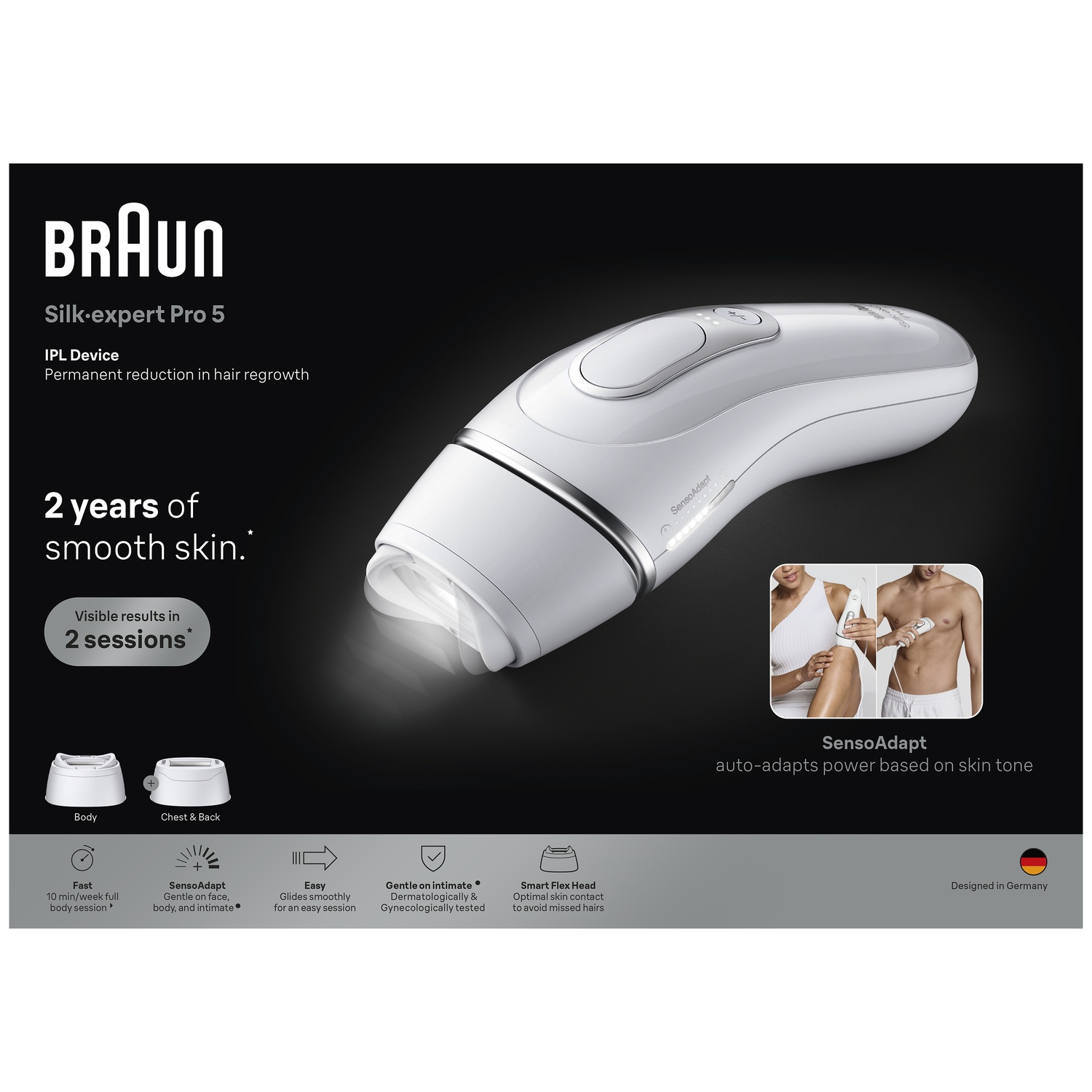 Ad for Braun Silk-expert Pro 5 IPL device with product image, benefits, and usage photos.
