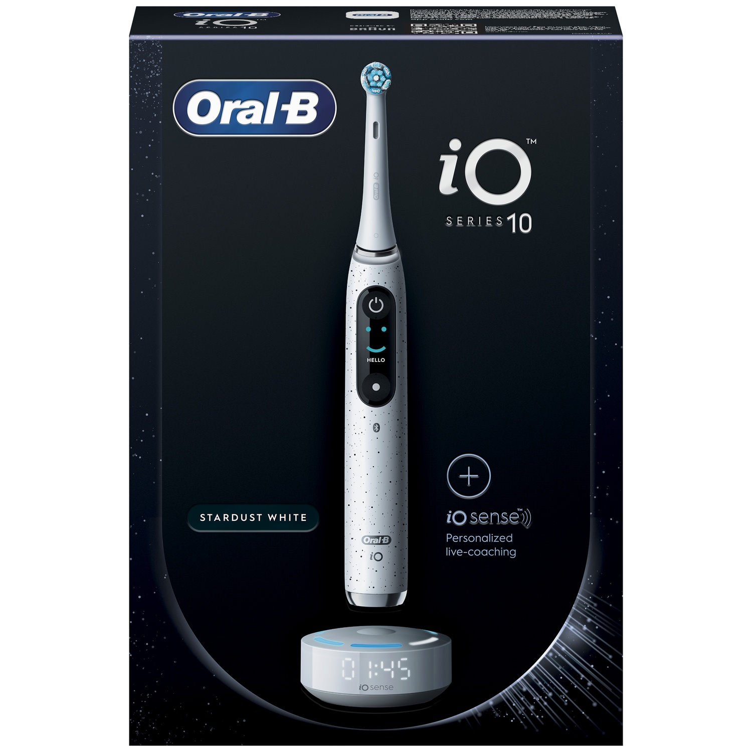 Oral-B iO Series 10 electric toothbrush in Stardust White displayed on a product box.