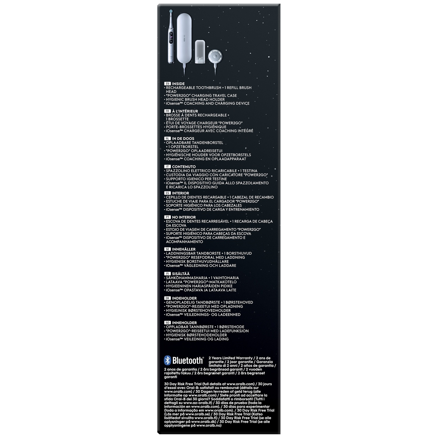 Back of product packaging listing contents and warranty details.