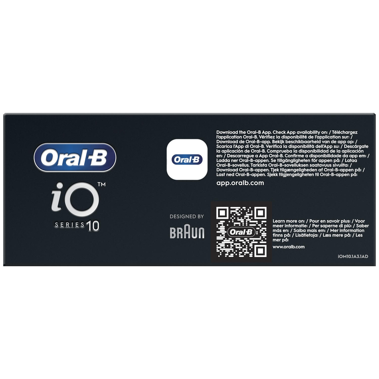 Oral-B iO Series 10 product box showing logos, app download info, and a QR code on a dark background.