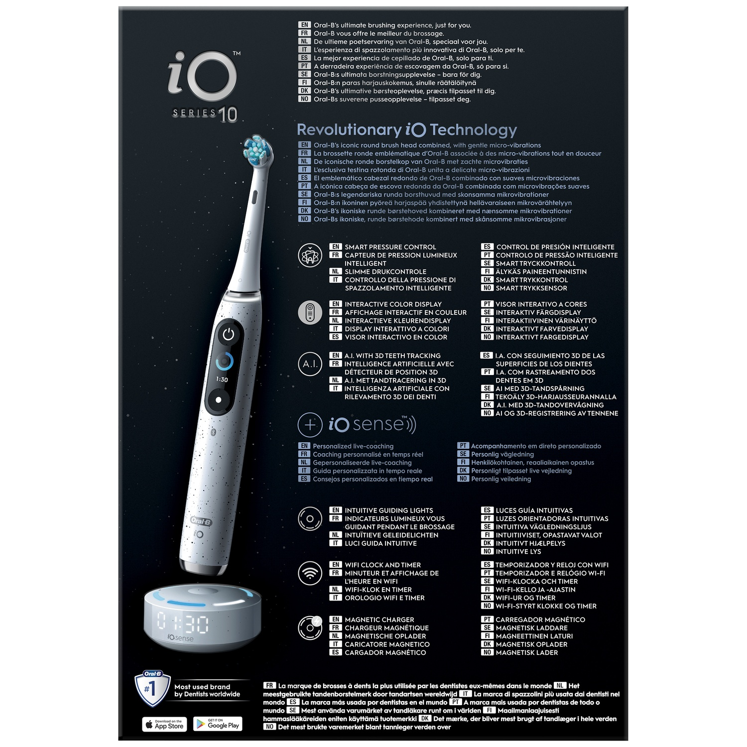 Promotional poster for Oral-B iO Series 10 toothbrush with charging base on a black background.