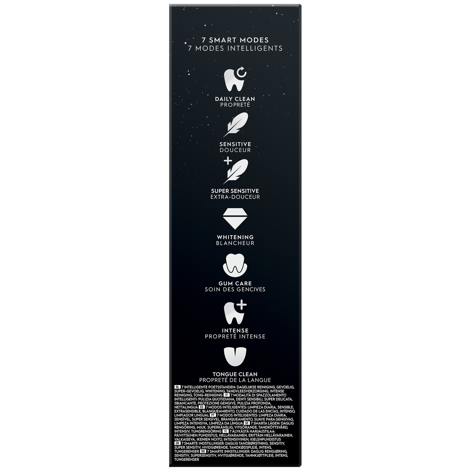 Black packaging shows seven smart cleaning modes with white icons and text in English and French.