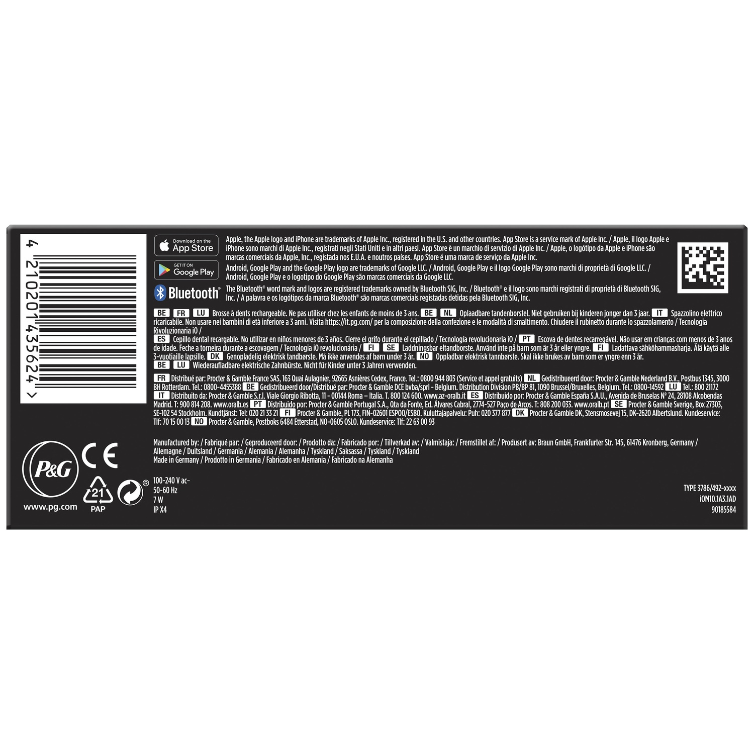 Back of product packaging featuring a barcode, manufacturer info, and P&G logo.