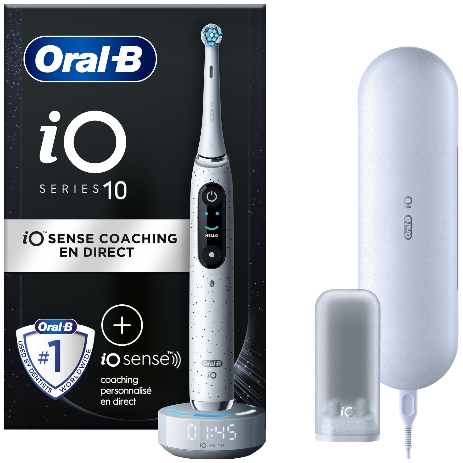 Oral-B iO Series 10 electric toothbrush in white with charging base, travel case, and box.