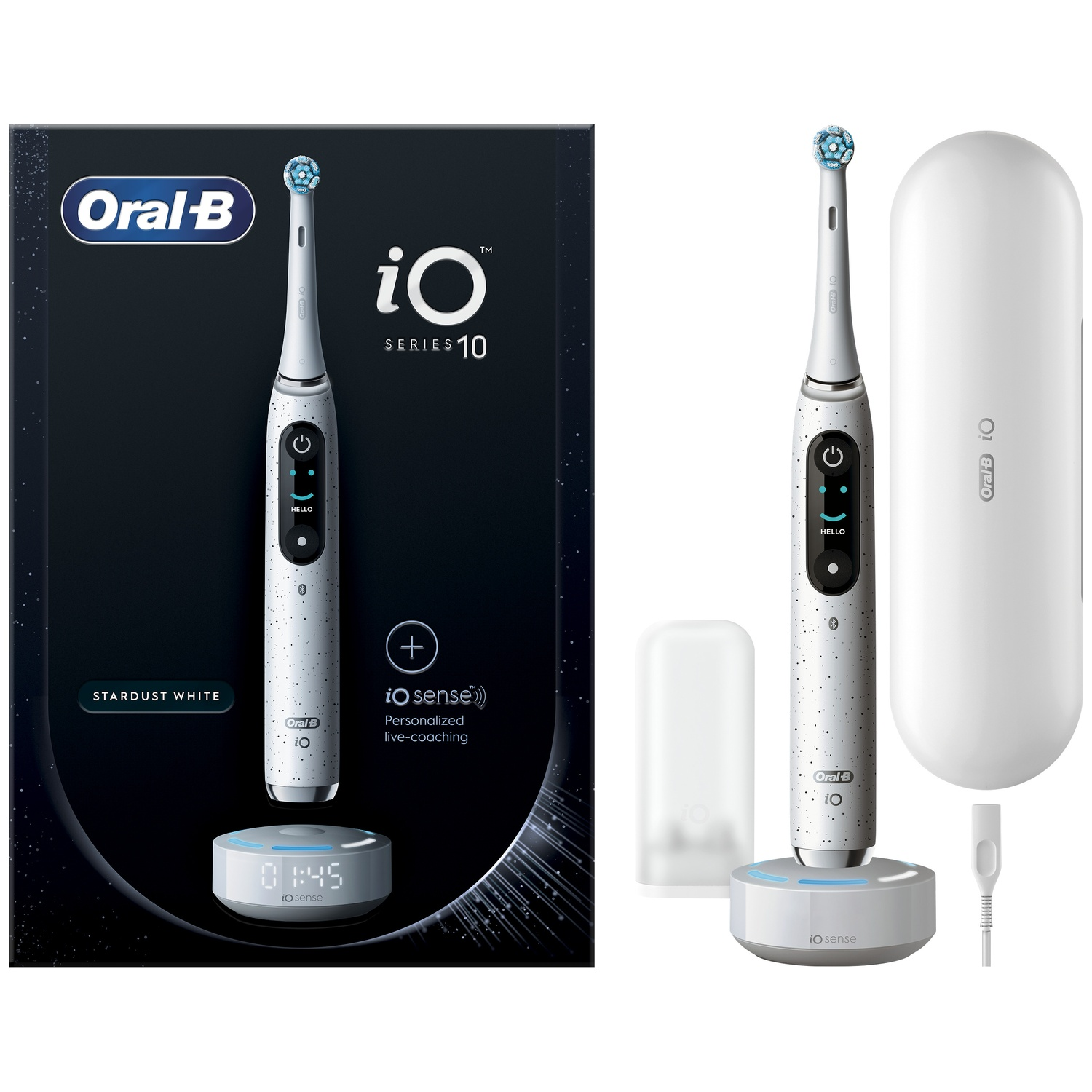 Oral-B iO Series 10 electric toothbrush in Stardust White with charging base, case, and box.