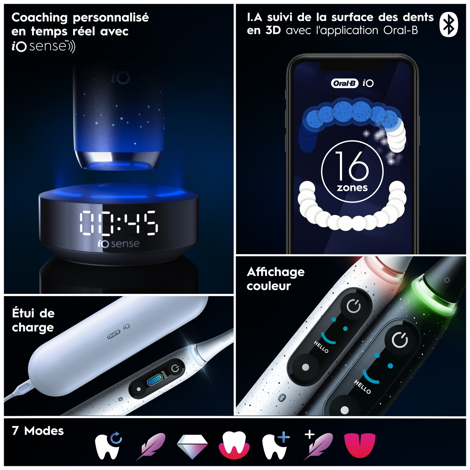 Brosse à dents Oral-B iO avec étui de charge, suivi par application et écran.