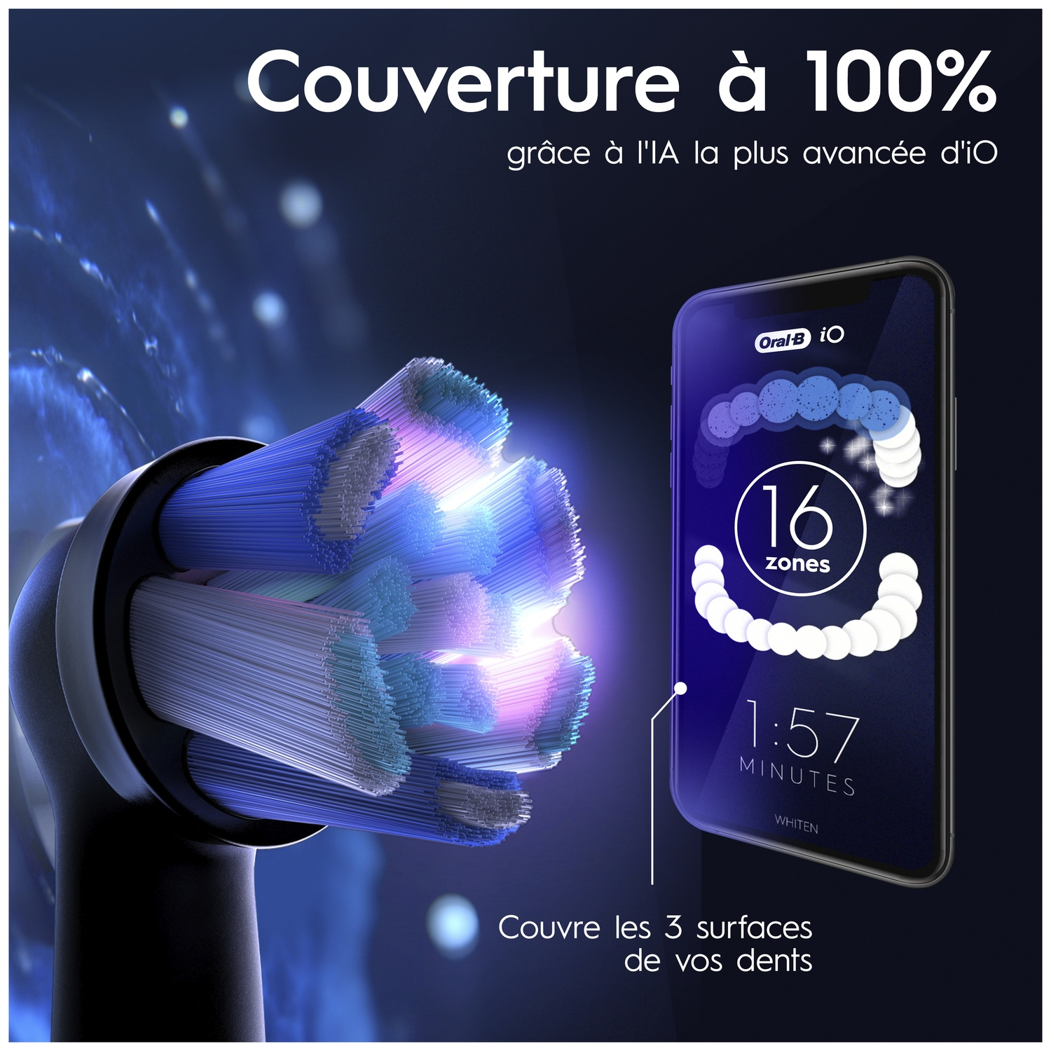 Tête de brosse Oral-B iO brillante à côté d'une application mobile montrant 16 zones sur fond bleu foncé.