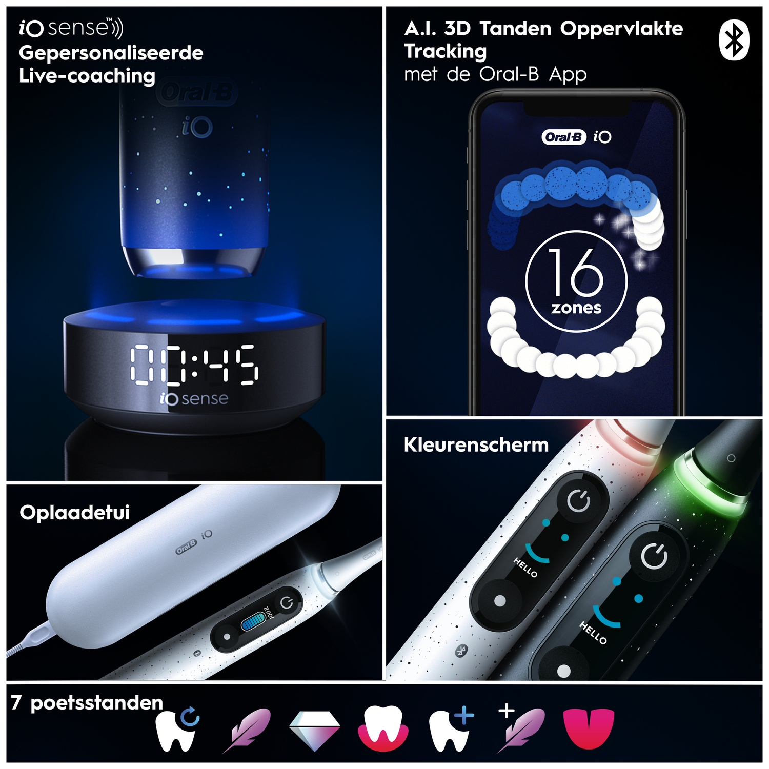 Oral-B iO toothbrush features app tracking, color display, charging case, and 7 modes.